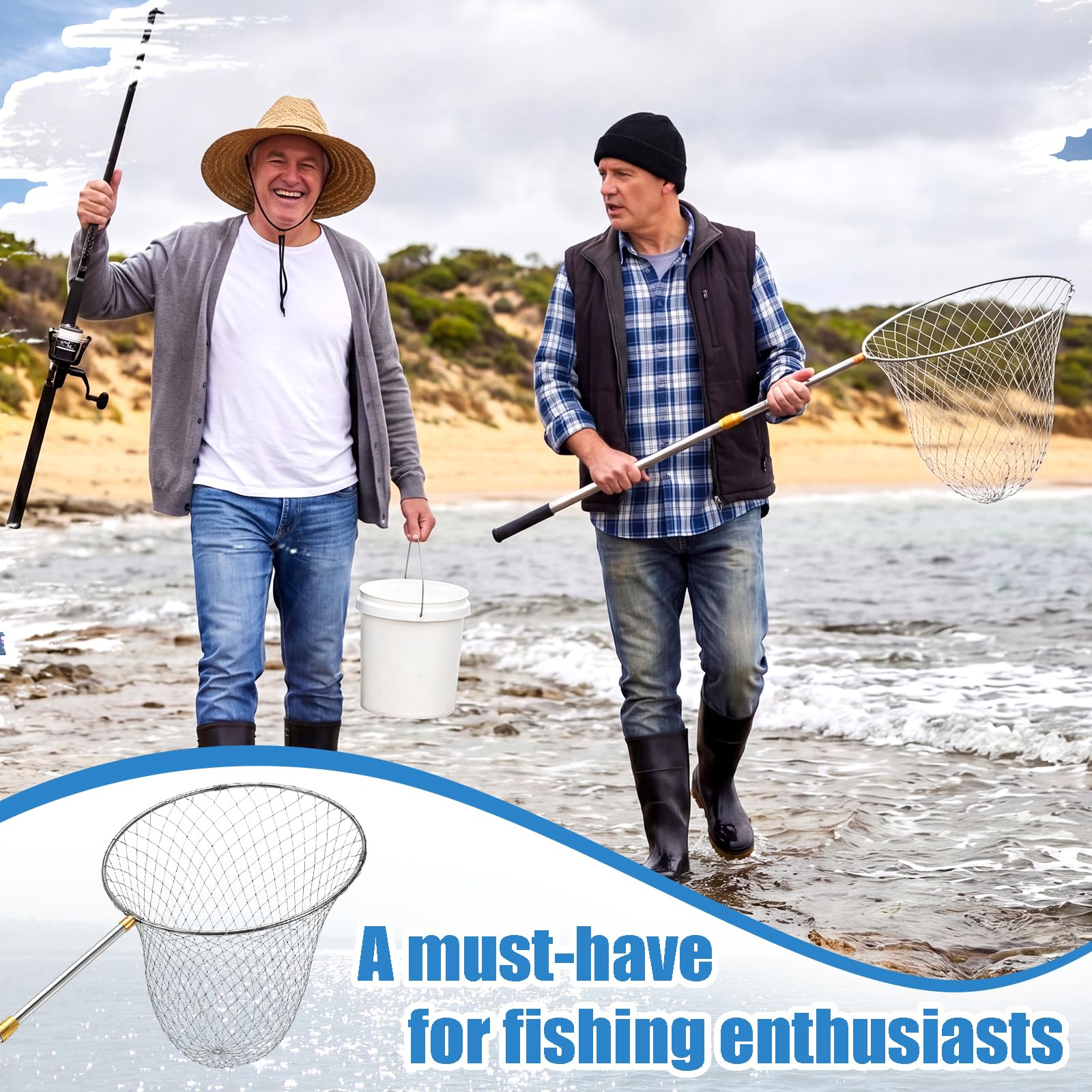 Retino da pesca resistente con manico telescopico in acciaio inossidabile da 200 cm di diametro, guadino pieghevole leggero per spigola, trota, pesce gatto, salmone, Steelhead, barca in