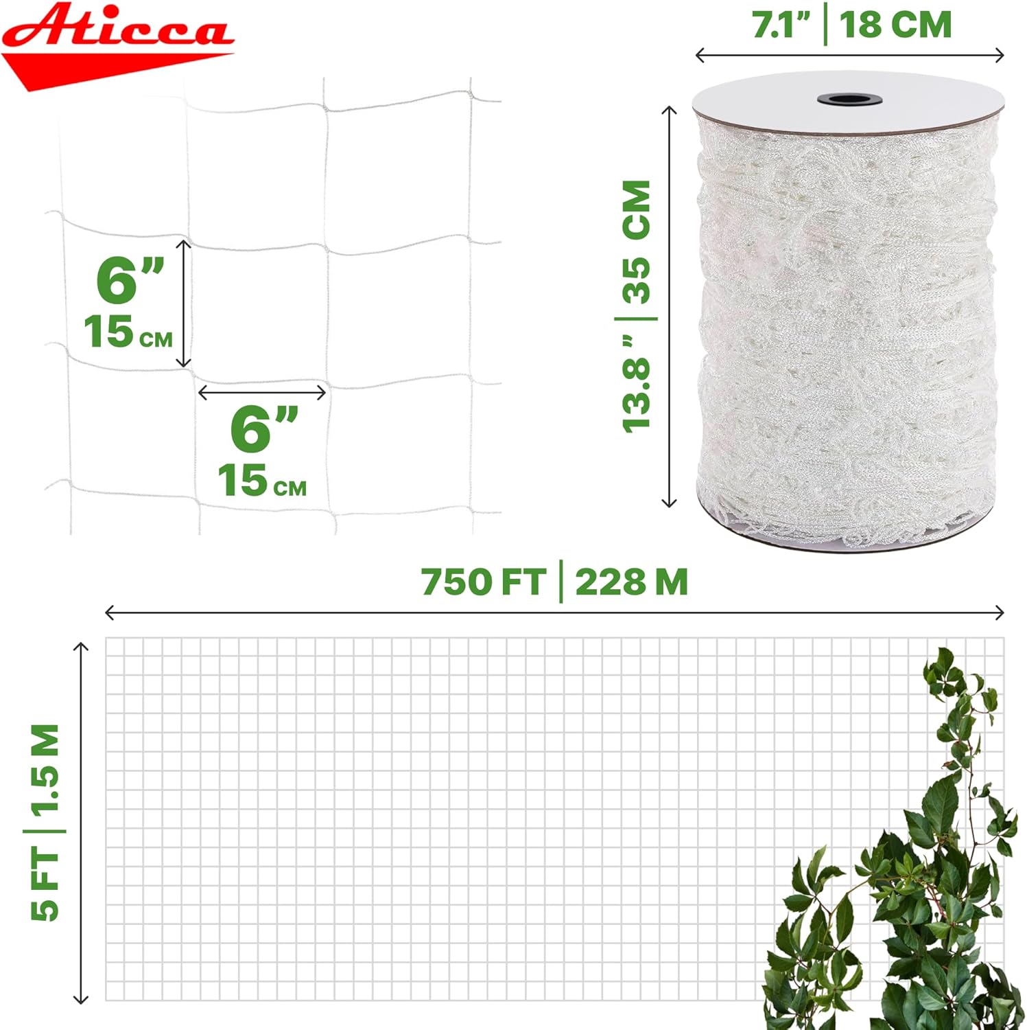 ATICCA Trellis Netting 5 x 750 ft Heavy Duty Polyester Plant Support Netting White - 6 Inch Garden Rope Trellis on Roll - Mesh Twine for Growing Vine Climbing Plants, Flowers, Peas, and Tomatoes.