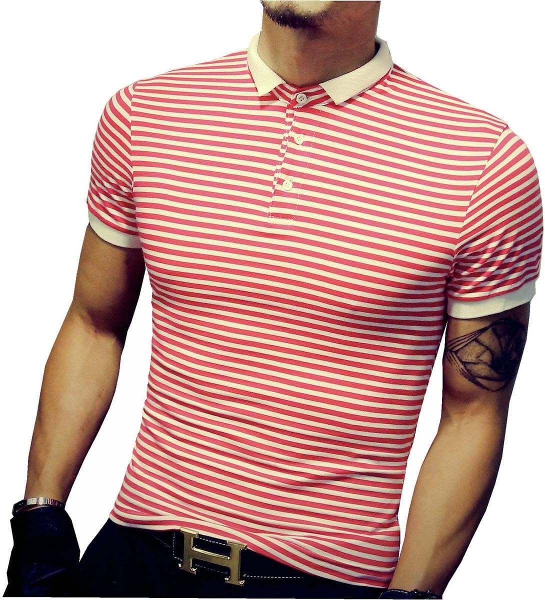 LOGEEYAR Mens Summer Slim Fit Tshirt Contrast Color Stitching Stripe Short Sleeve Casual Polo Shirt