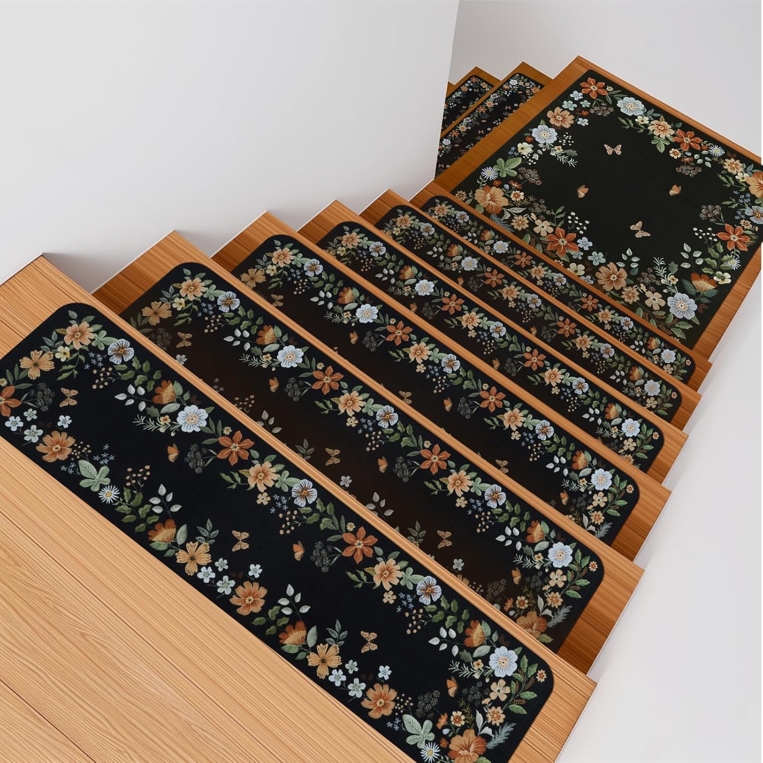 OJIA Floral Stair Treads Non-Slip 15PCS + Landing Mat, Carpet Stair Treads for Wooden Steps Indoor 30"x8" Stair Runner Stair Mats Staircase Step Treads for Kids, Elders and Dogs, Stair Covers, Black