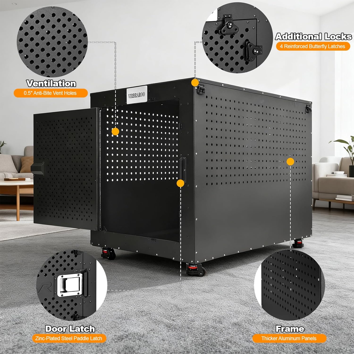 Indestructible Dog Crate 48-Inch XXL, High Anxiety Heavy Duty Dog Cage, Powder-Coated Aluminum, Multi-Latch Door, Grey