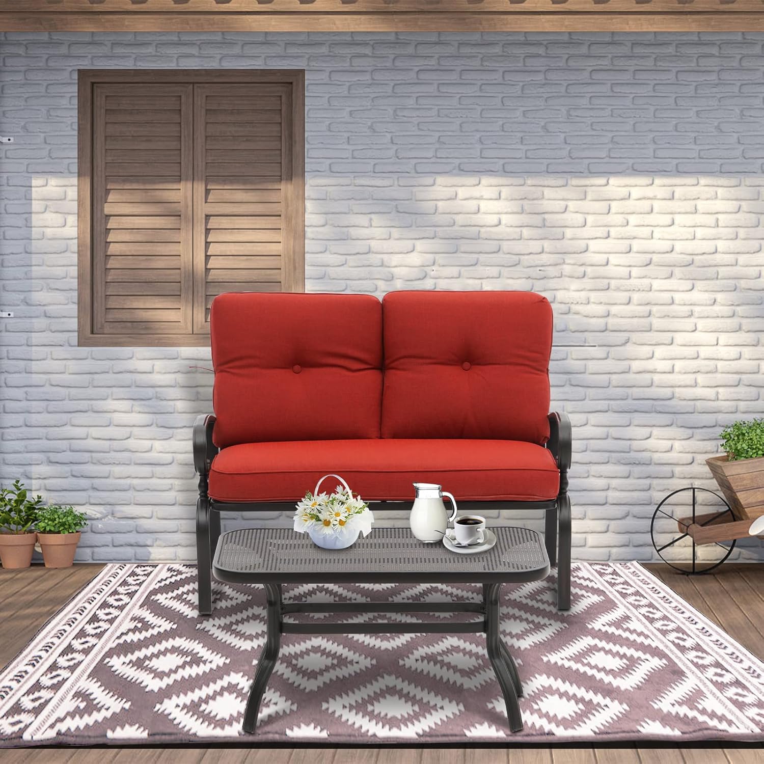 Incbruce Patio Loveseat with Coffee Table - Outdoor Bench with Cushion,2 Piece Wrought Iron Outdoor Loveseat Metal Frame Porch Furniture Set Bench for Patio, Poolside, Garden (Red)