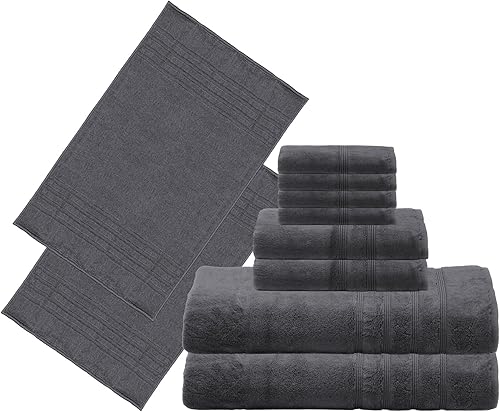 Lujoso paquete de 10 toallas de baño turcas XL de lujo, toalla y tapete para la cara, color gris carbón (gris oscuro) de 700 GSM y viscosa de bambú