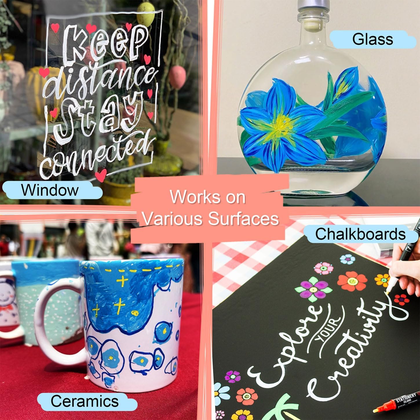 Four images demonstrating the use of chalk pens on different surfaces: a window with text, a glass bottle with floral design, a ceramic mug with abstract art, and a chalkboard with colorful drawings.