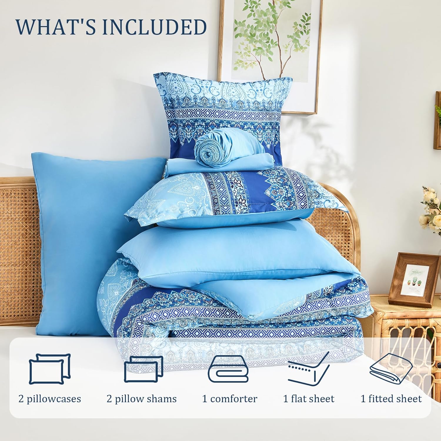 Boho King Size Comforter Set Blue - 7 Pieces Floral Striped Comforter Set with Sheets, Soft Microfiber Bohemian Complete Bedding Sets for All Season (Blue,King) - Image 7