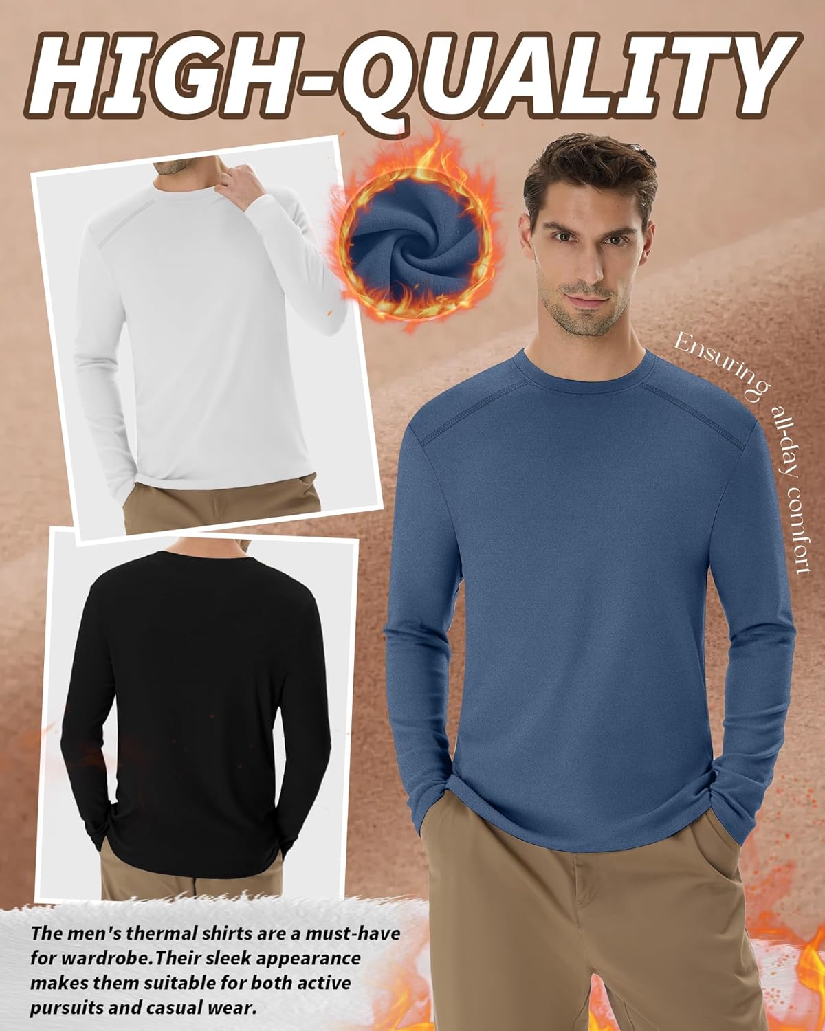 3 Pack Men's Big and Tall Thermal Shirts, Fleece Lined Long Sleeve Tees Warm Crew Neck Undershirt Tops - Image 5