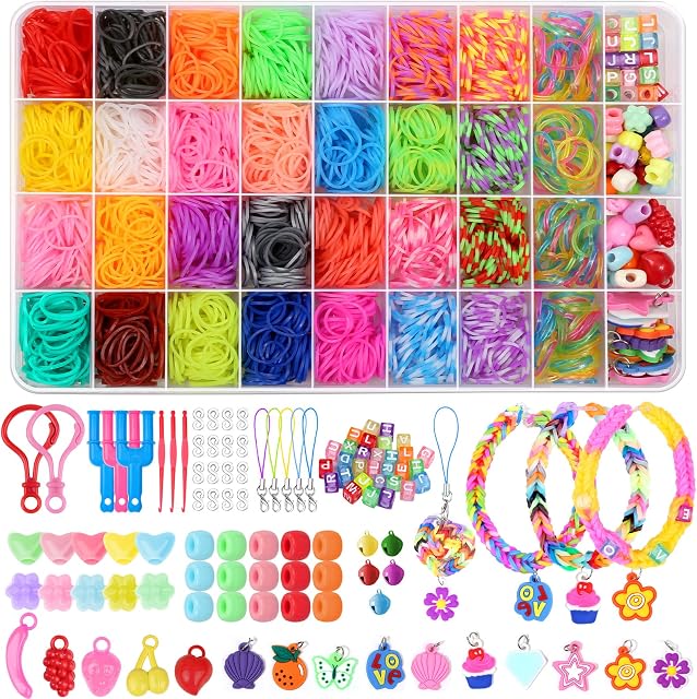 modacraft 2500PCS 32 Color Loom Bands Craft Kit for Kids, Bingle Loom Bands Starter Set with Bead/Charm/Crochet Kit for Girls, Friendship Jewellery Bracelet Maker Knitting Gift for Birthday/Christmas