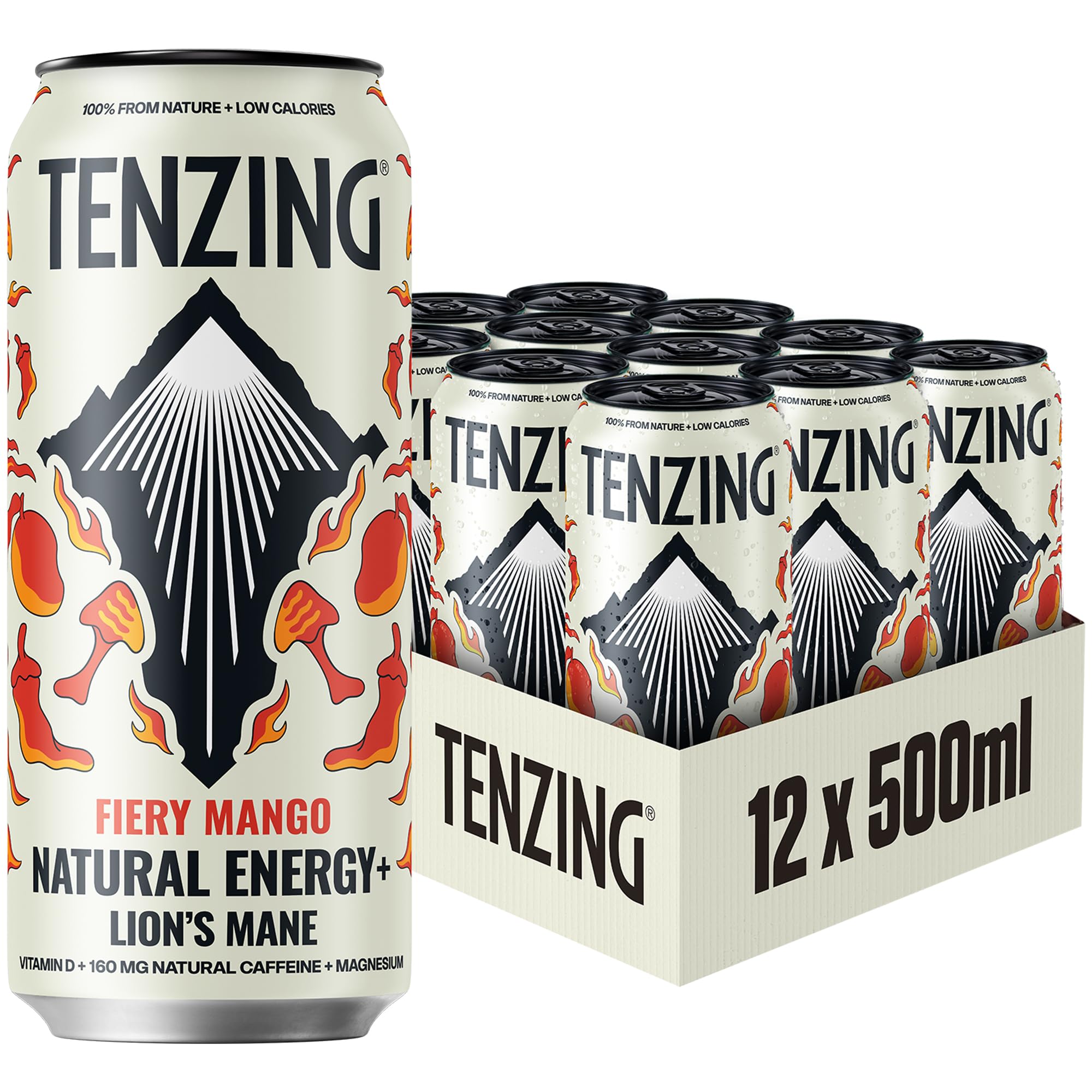 TENZING Super Natural Energy Drink, Fiery Mango, 160MG Caffeine, Vitamin D, Magnesium, Mushrooms, Plant Based, Vegan, & Gluten Free, 500ml (Pack of 12) - Packaging may vary