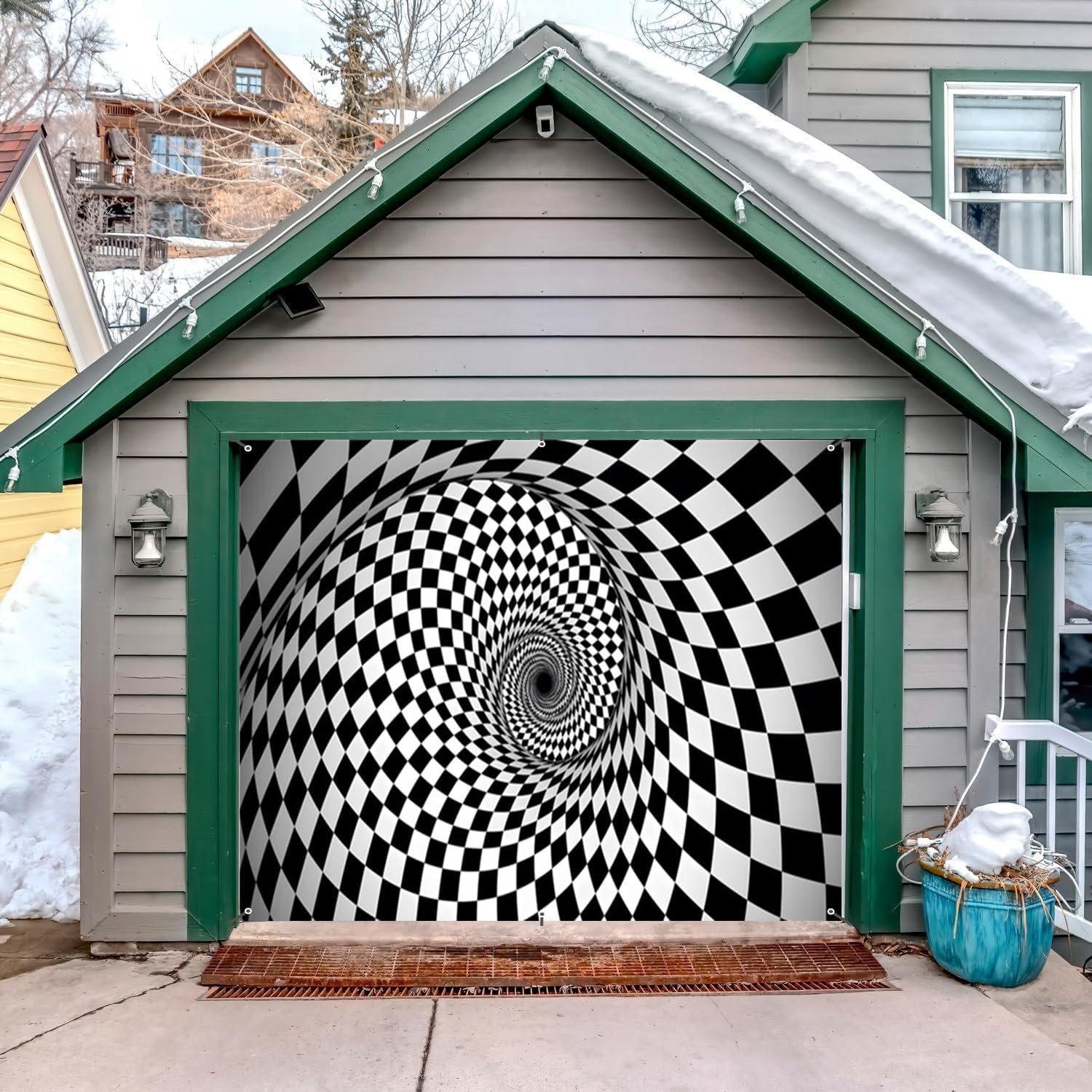 Black and White Vortex Garage Door Cover Banner Decorations Backdrop 6x8ft 3D Abstract Spiral Swirl Tunnel Garage Door Outdoor Endless Tunnel Birthday Party Garage Door Banner Decorations