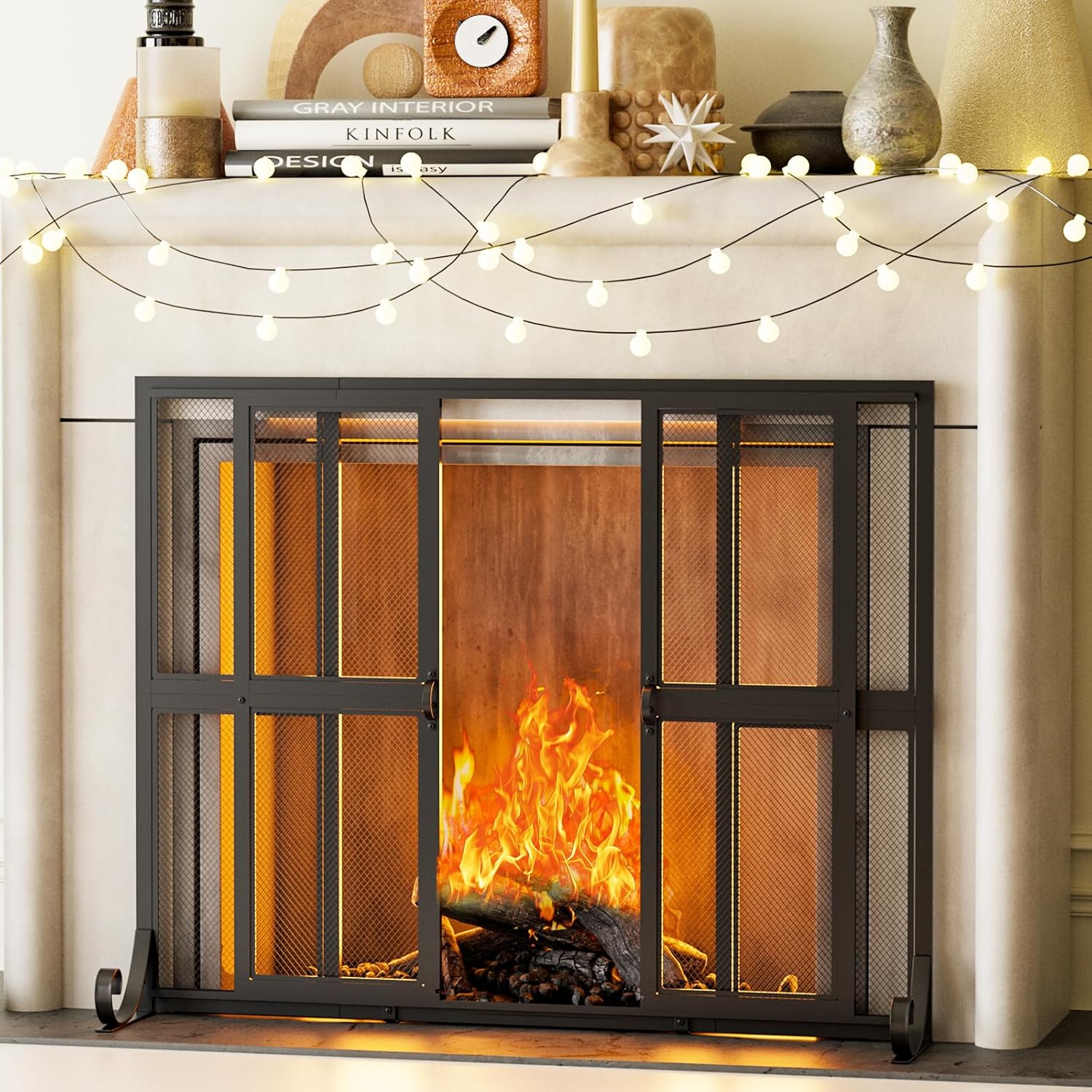 Fireplace Screen with Sliding Doors, 37.8" W x 30.7" H Handcrafted Wrought Iron Fire Spark Guard Fire Place Gate Protector for Living Room, Children and Pet Safety(Large) 37.8" L x 30.7" H Sliding Door