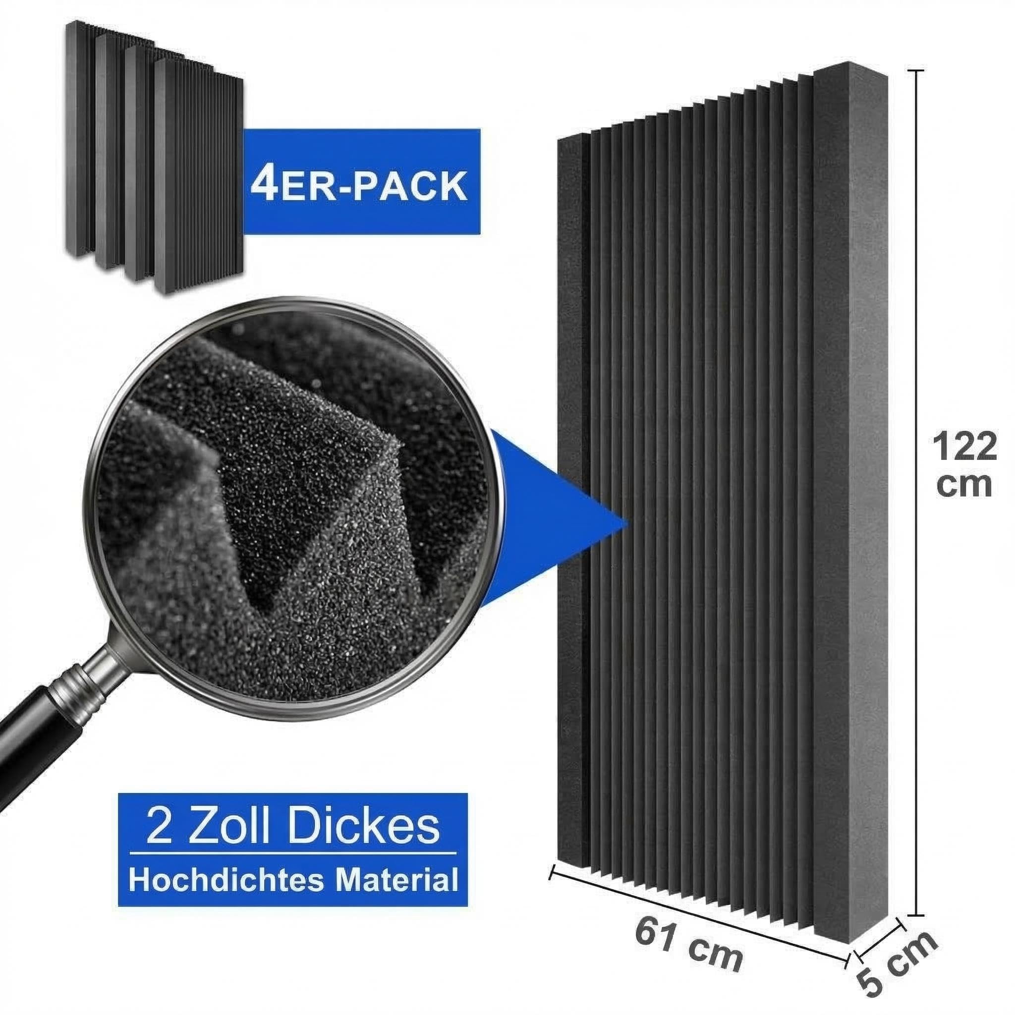 Garvee Akustikschaumstoff Selbstklebend–Hochdichte Schallabsorber & Geräuschdämmung – Optimale Schallisolierung für Studio, Büro, Heimkino – Vertikales Design, 4er Set, 120x60x5cm, Schwarz