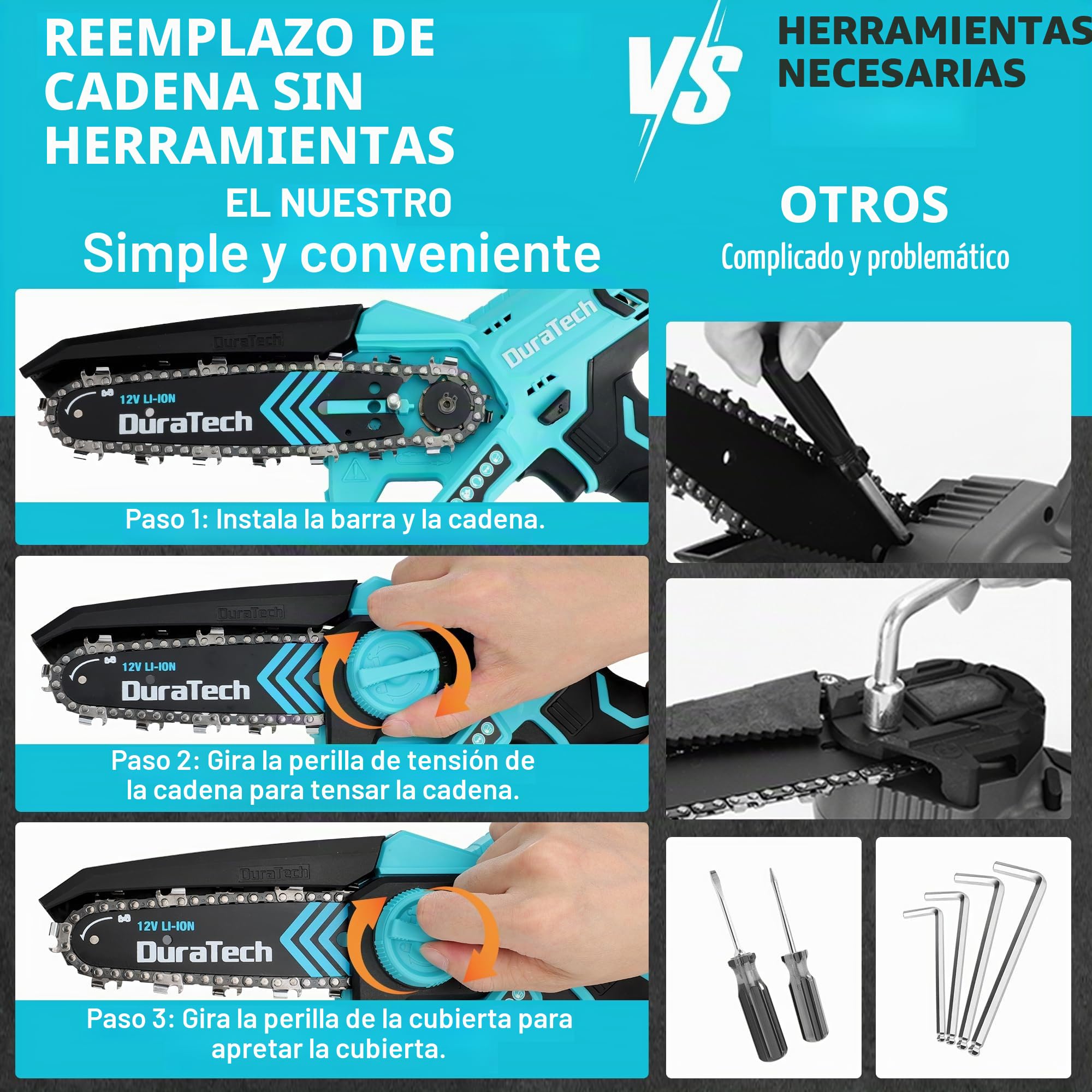 DURATECH Mini Motosierra Inalámbrica 12V con 2 Baterías y Cargador | Motosierra Eléctrica Sin Cable con Bloqueo de Seguridad para Cortar Árboles, Ramas y Arbustos en Jardinería