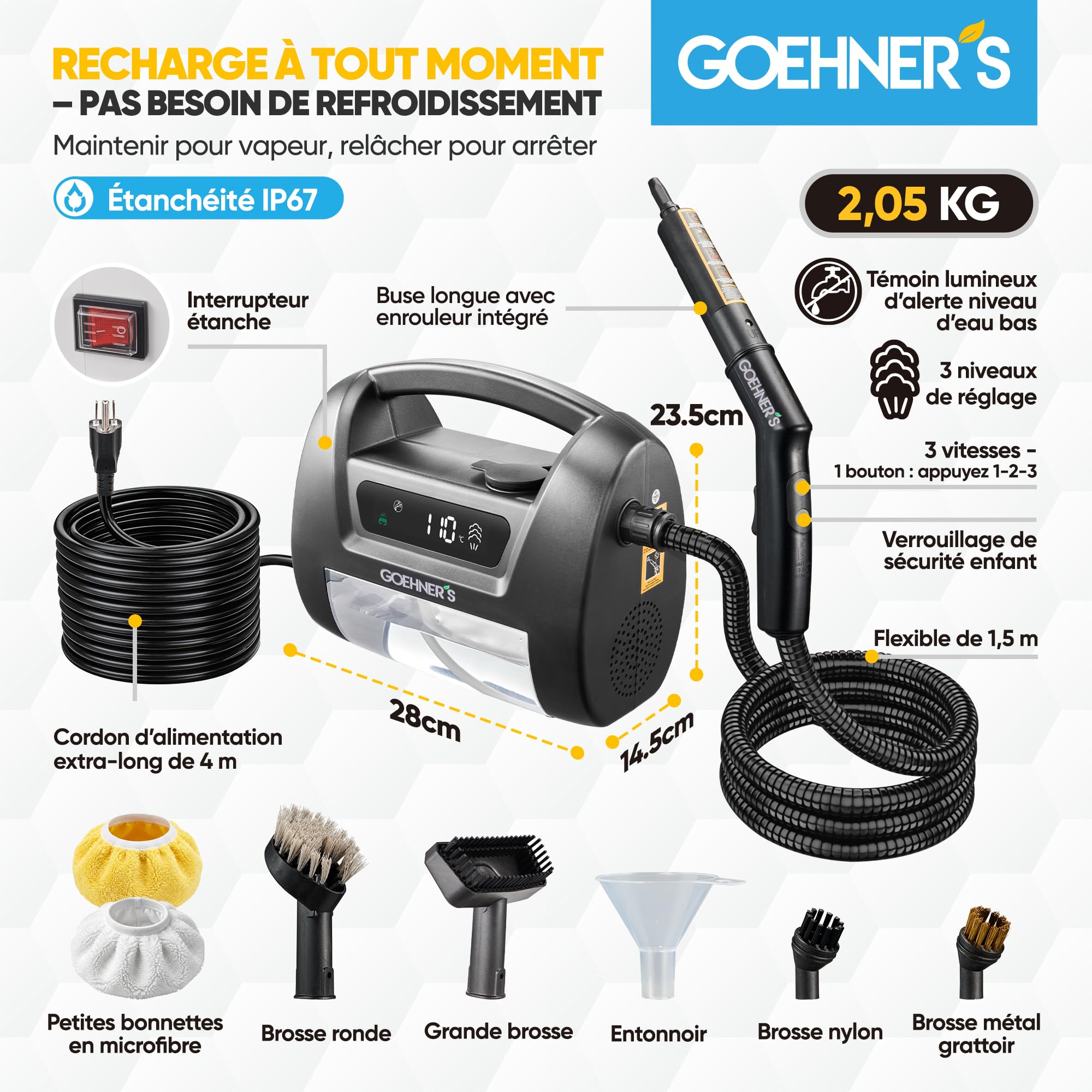 Nettoyeur Vapeur Haute Pression Portable, Appareil à Vapeur 110℃/3,5Bar pour la Maison, Chauffage Rapide 30s avec 3 Niveaux de Vapeur, Convient pour Carrelage, Cuisine, Salle de Bain et Voiture, Noir
