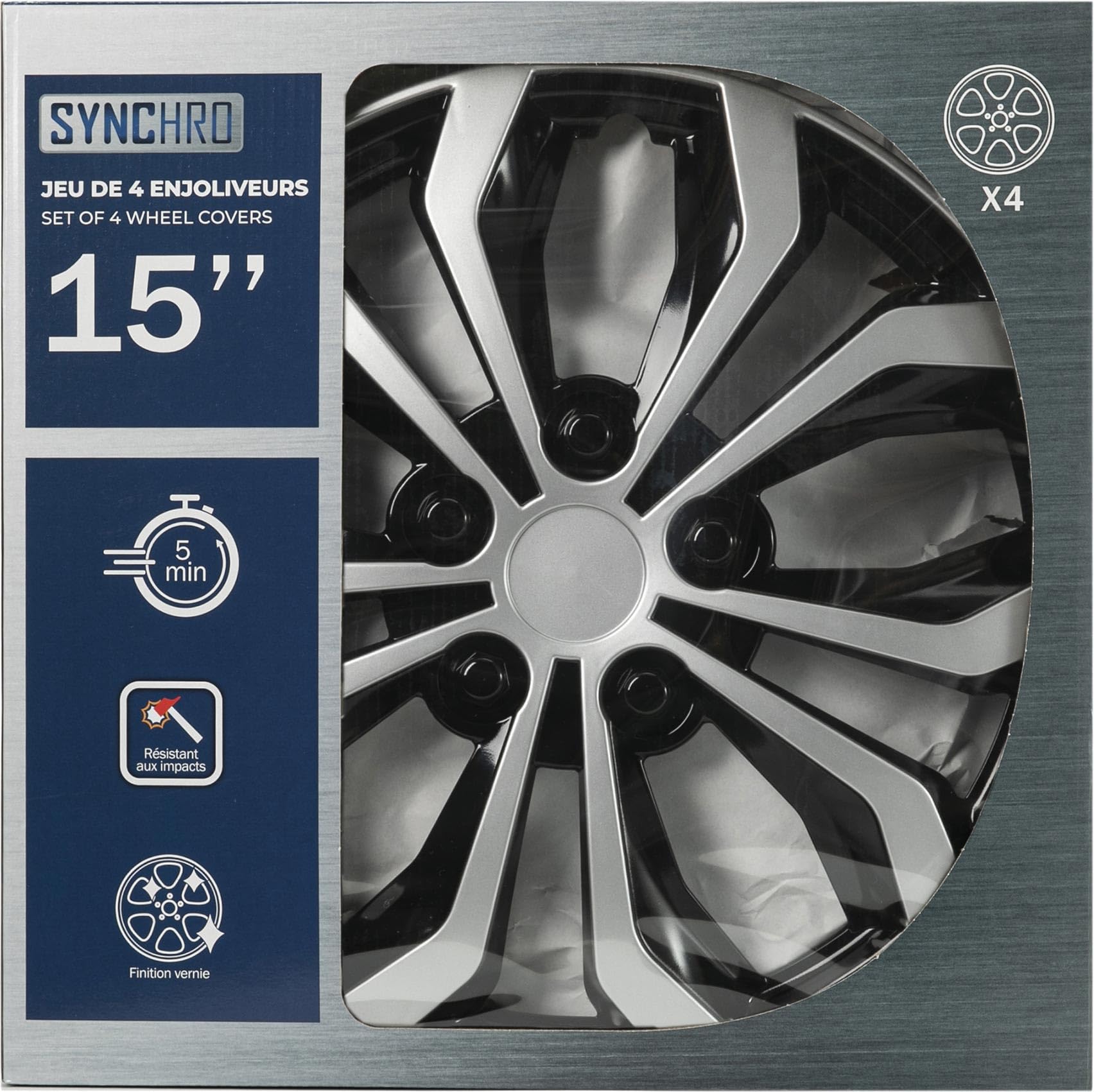 SYNCHRO Enjoliveurs Denver Silver/Black 15 Pouces - 4 pièces, ABS, Installation par clipsage