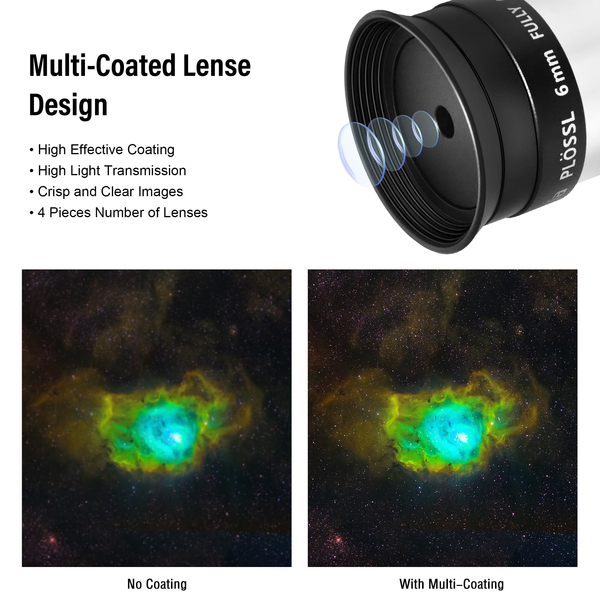 Astromania Plossl Oculaire de télescope – 4-Element Plossl Design – Filetage pour filtres Standard 3,2 cm Astronomie, 1.25" 6MM