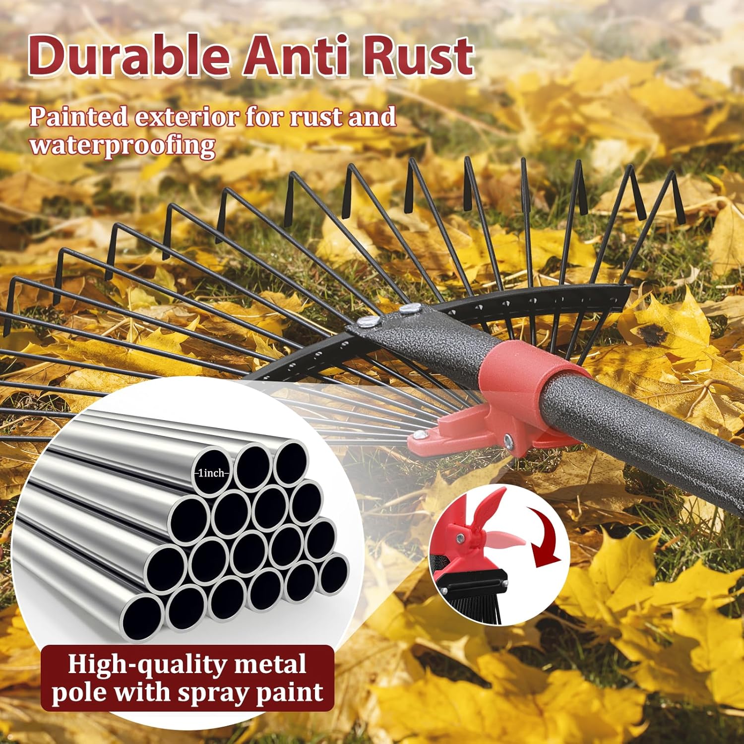 76Inch Adjustable Metal Leaf Rake, 18 Metal Tines Heavy Duty Leaves Rake for Lawns with 8-18" Expandable Head Long Handle Garden Rakes for Women Kids Leaves Yard Gardening Grass Outdoor Camping Debris