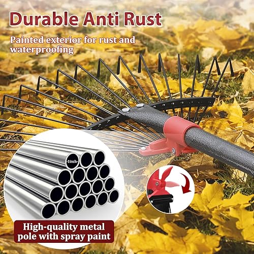 Miniatura 5 de Rastrillo de 61 pulgadas para hojas, 18 dientes ajustables con cabeza expandible, rastrillo de césped de 9 a 18 pulgadas, rastrillos de metal