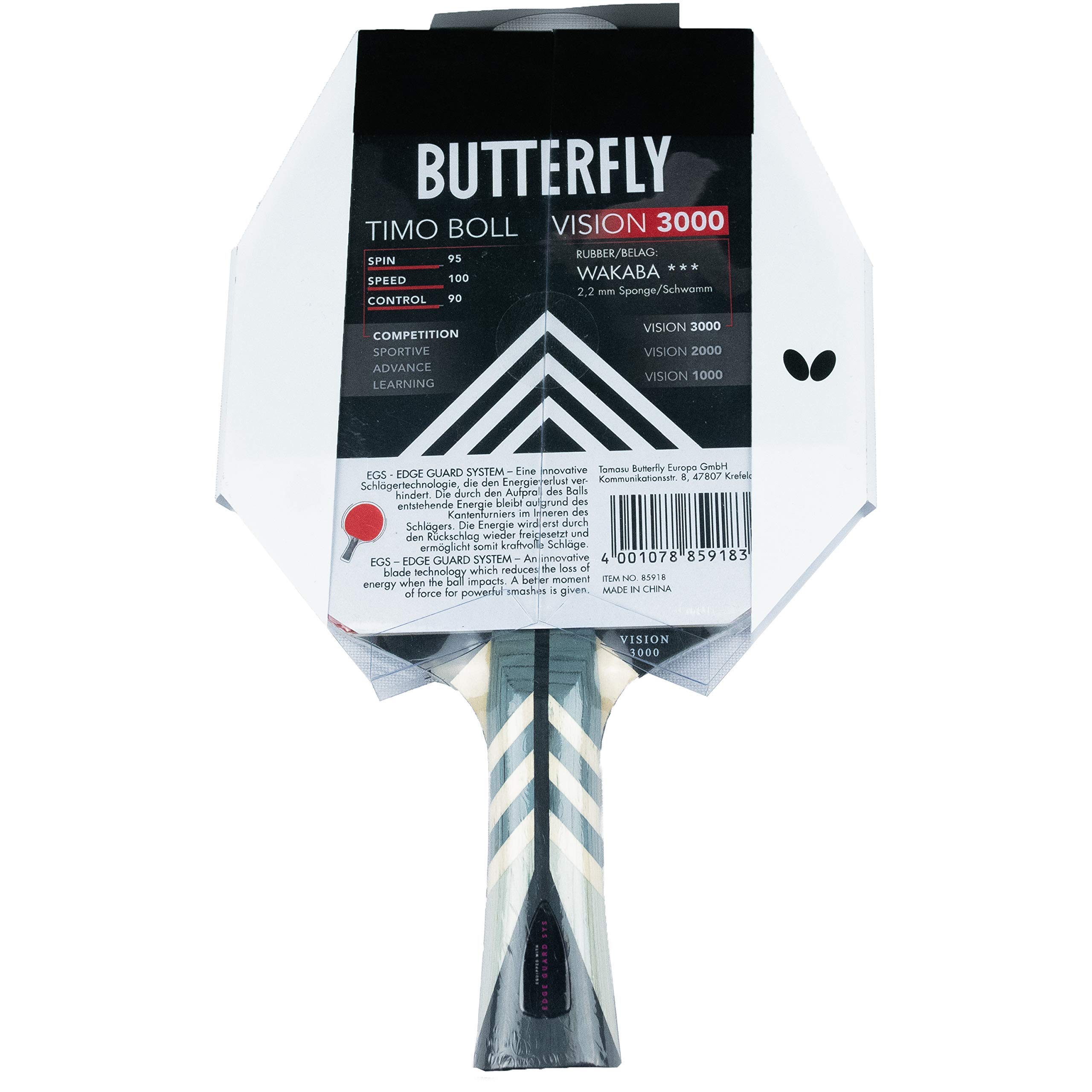 Butterfly® Timo Boll Vision 3000 rakieta do tenisa stołowego, profesjonalna rakieta do tenisa stołowego, dla zaawansowanych technicznie graczy, z certyfikatem ITTF Wakaba, kształt uchwytu, wklęsły