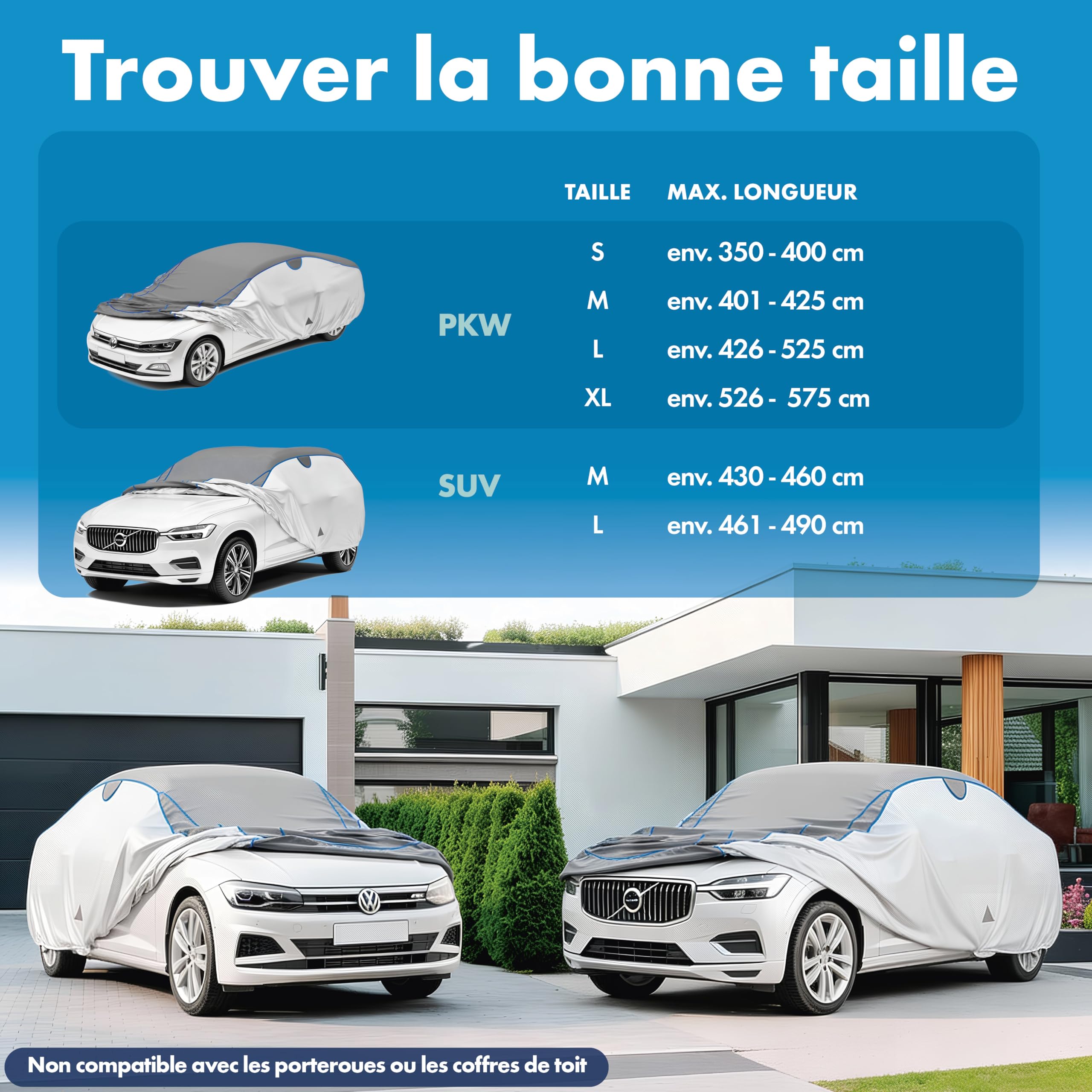 WALSER Housse de Protection Anti-grêle Voiture, bâche Anti-grêle, Housse de Voiture déperlante, Housse complète extérieure, Housse SUV/Van, bâche véhicule SUV L Longueur Max. 461-490 cm Argent/Gris - 5
