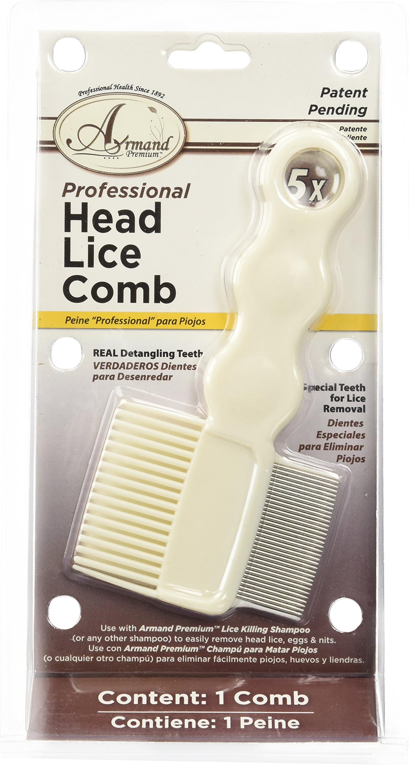 #1 Lice Comb with 5x magnifying glass - featuring professional head lice comb patent pending - ideal for detangling knots from thick or thin hair