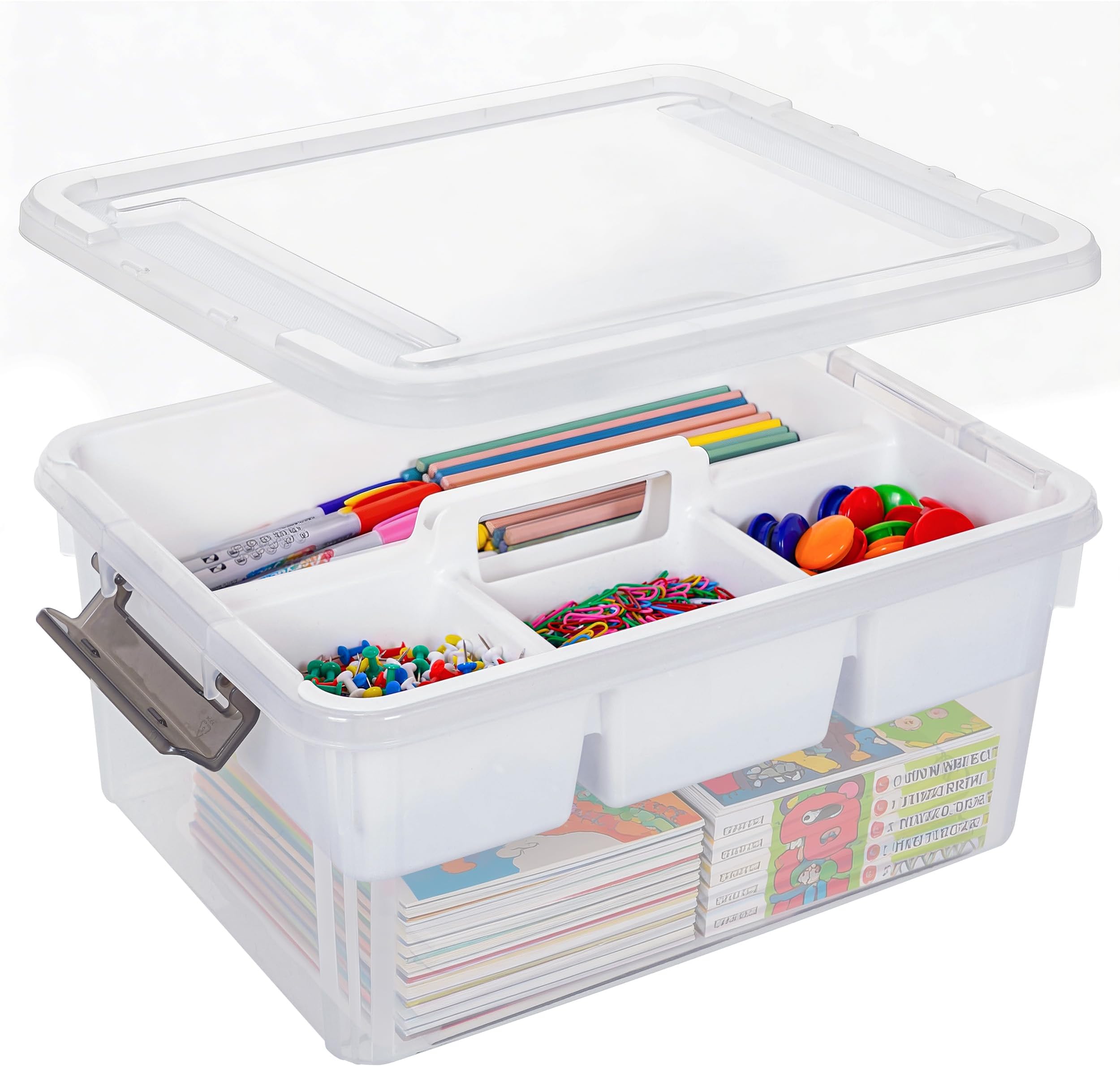 17 QT Plastic Storage Bins Clear Storage Box with Removable Tray Stackable Latching Box with Handle for Oraganizing Tool, Craft, Office, Orange