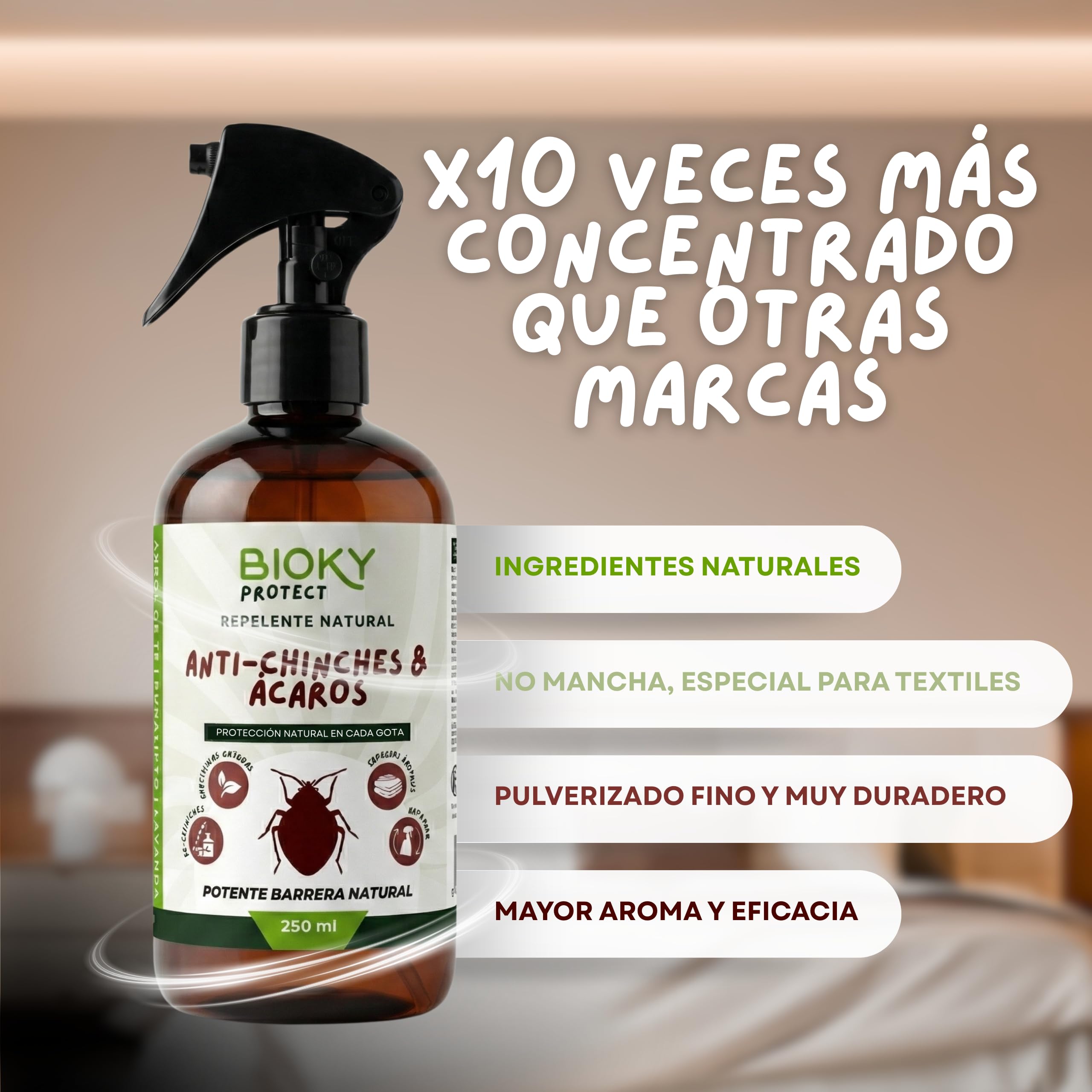 Protect | Spray Anti-Chinches y Ácaros 250ml | Rpelente Con Aceites Esenciales | x10 veces Más Concentrado que Otros | Apto para Textil, Hogar, Sofás, Colchón, Ropa de Cama