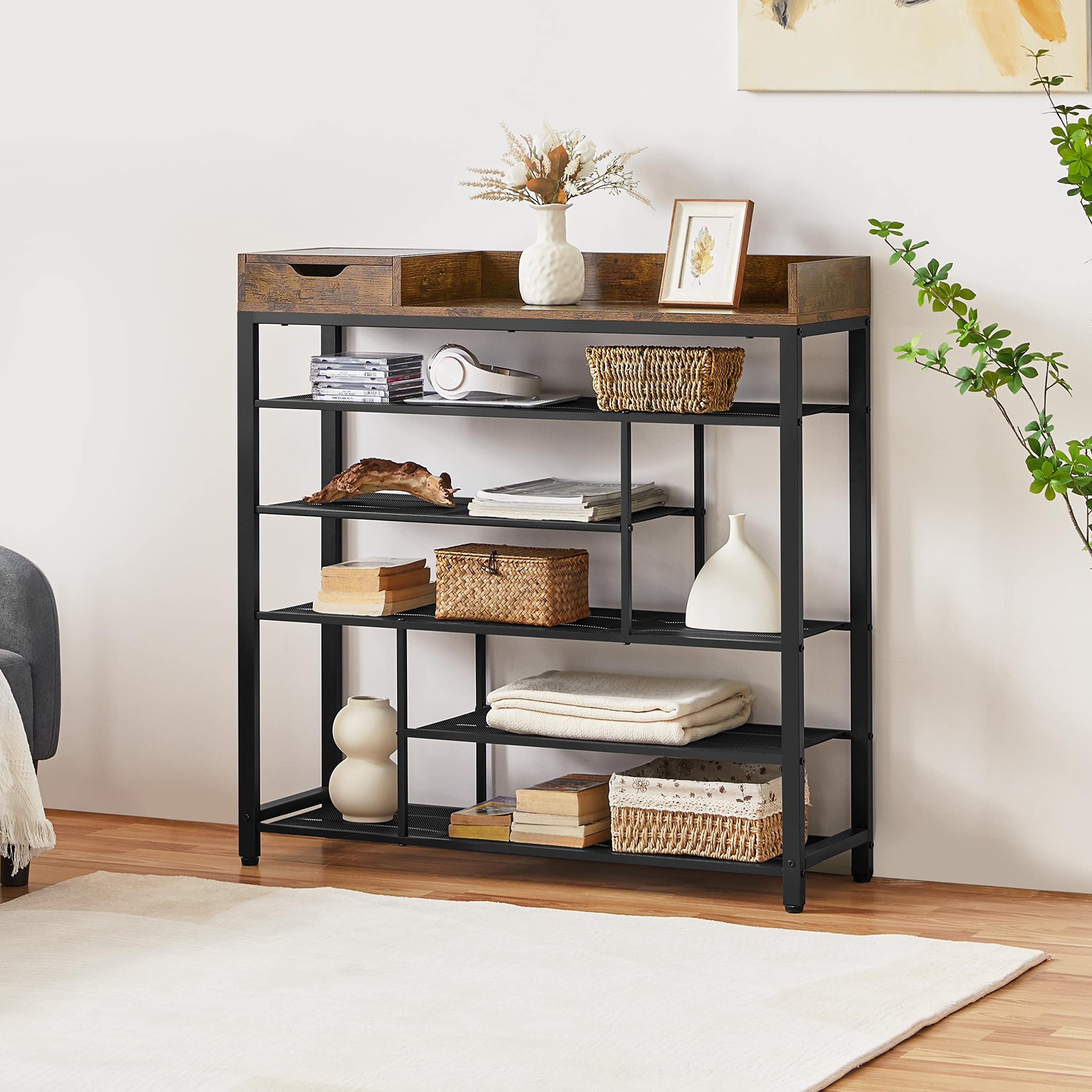 Yaheetech Shoe Rack with Storage Box, Multi-Layer Shoe Storage Cabinet, Industrial Shoe Organizer with Storage Shelves and Wood Top for Hallway, Entryway, Rustic Brown