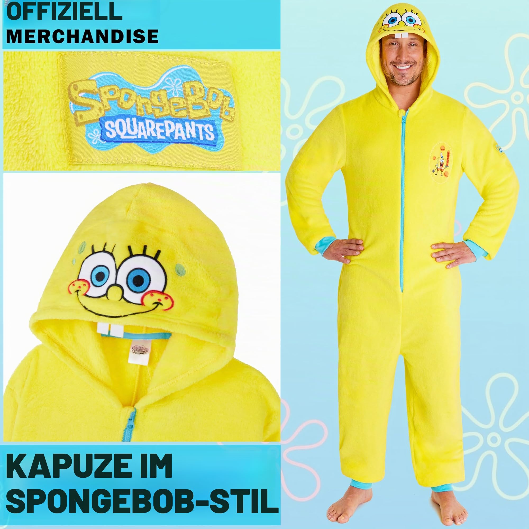 Spongebob Schwammkopf Onesie für Herren S–3XL, Mit Kapuze Fleece Schlafanzug mit Reißverschluss, Geschenk für Männer