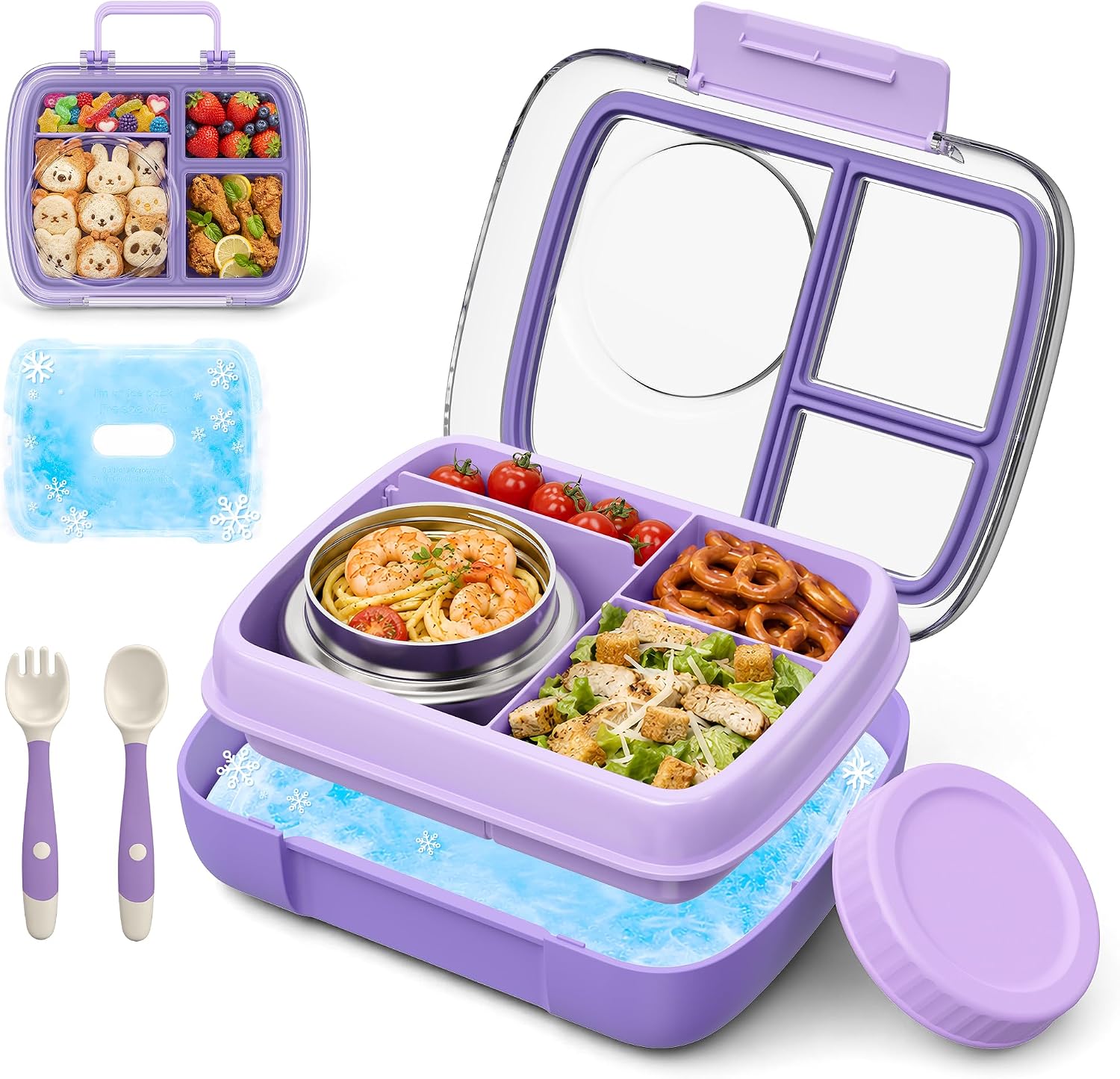 Kids Bento Lunch Box with 9oz Insulated Food Jar & Ice Pack, Leak-Proof 3 Compartment Kids Food Container with Clear Lid & Utensils, BPA-Free Hot Soup Jar for Girls School(Purple)
