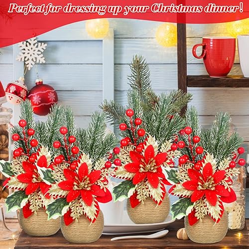 Miniatura 5 de Flores de Pascua artificiales de Navidad, flores de Navidad florales rojas, piñas y bayas de acebo, arreglos florales de seda en maceta decorativa,