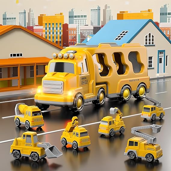 Car Toy Construction Vehicle Set, Truck, Mini Car, 2, 3, 4, 5, 6 Years Old, Boys, Girls, Carrier Car, Trainer, Light and Sound, Indoor Play, Boys Ranking, Birthday, Present, Christmas, Orange