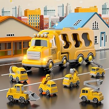 Car Toy Construction Vehicle Set, Truck, Mini Car, 2, 3, 4, 5, 6 Years Old, Boys, Girls, Carrier Car, Trainer, Light and Sound, Indoor Play, Boys Ranking, Birthday, Present, Christmas, Orange