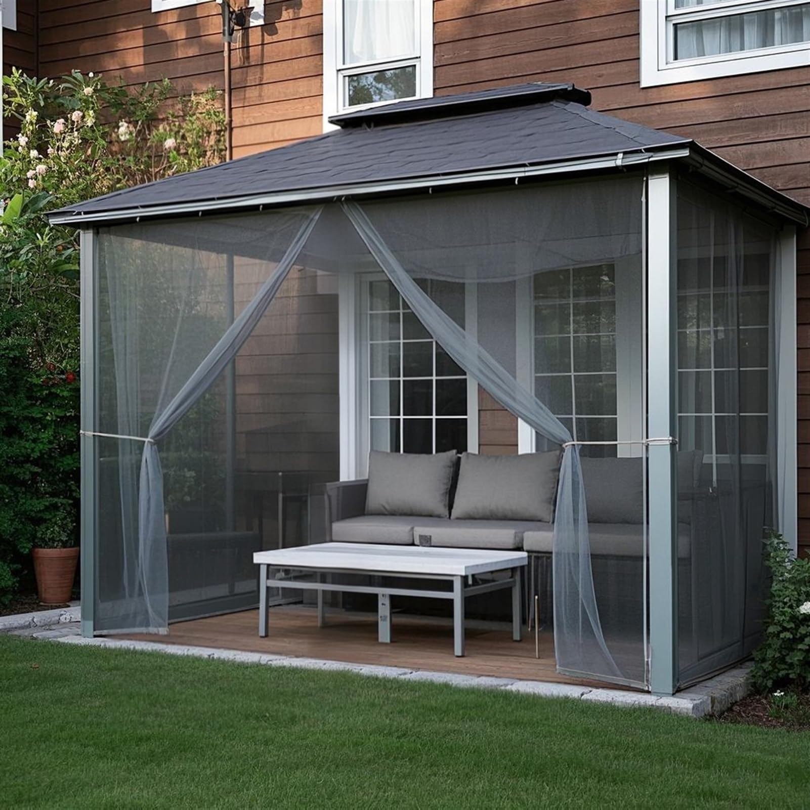 Heavyoff Outdoor Sheer Curtains for Patio, 2 Panels Waterproof Light Filtering Voile Outside Curtains Screen Mesh Net Privacy Drapes Rod Pocket for Front Porch, Gazebo, Grey, 63" W x 84" L