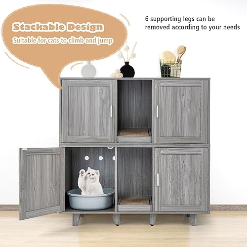 Miniatura 9 de Tangkula Caja de arena doble para gatos para 2 gatos, gran armario apilable oculto para baño de gatos con tabla de rascar, soporte de TV para casa