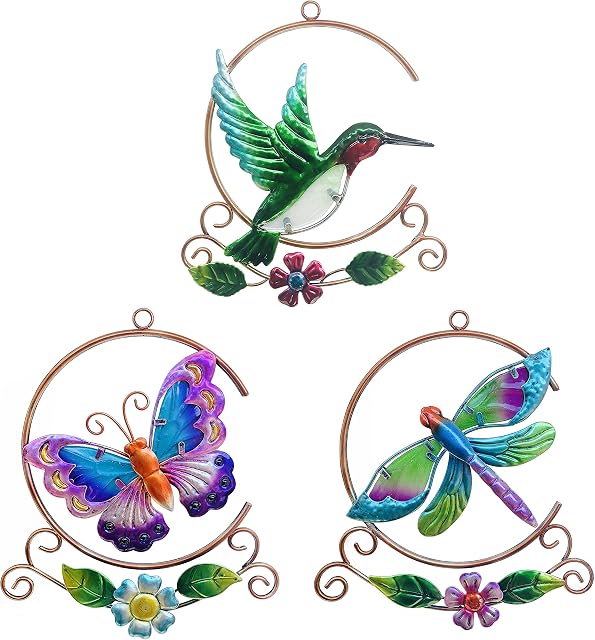 J-Fly Metal Hummingbird Dragonfly Butterfly Wall Art Decor Hand-Made Wall Sculpture Decoration For Living Room Bedroom Garden Porch Patio Ornament For Indoor And Outdoor, 3 Pack 9 Inch, Gifts For Mom