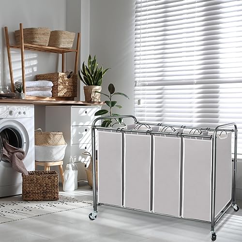 Miniatura 3 de Organizador de lavandería Maniac de 4 secciones 4 bolsas cesta de lavandería con ruedas giratorias y bolsas extraíbles Marrón, Gris