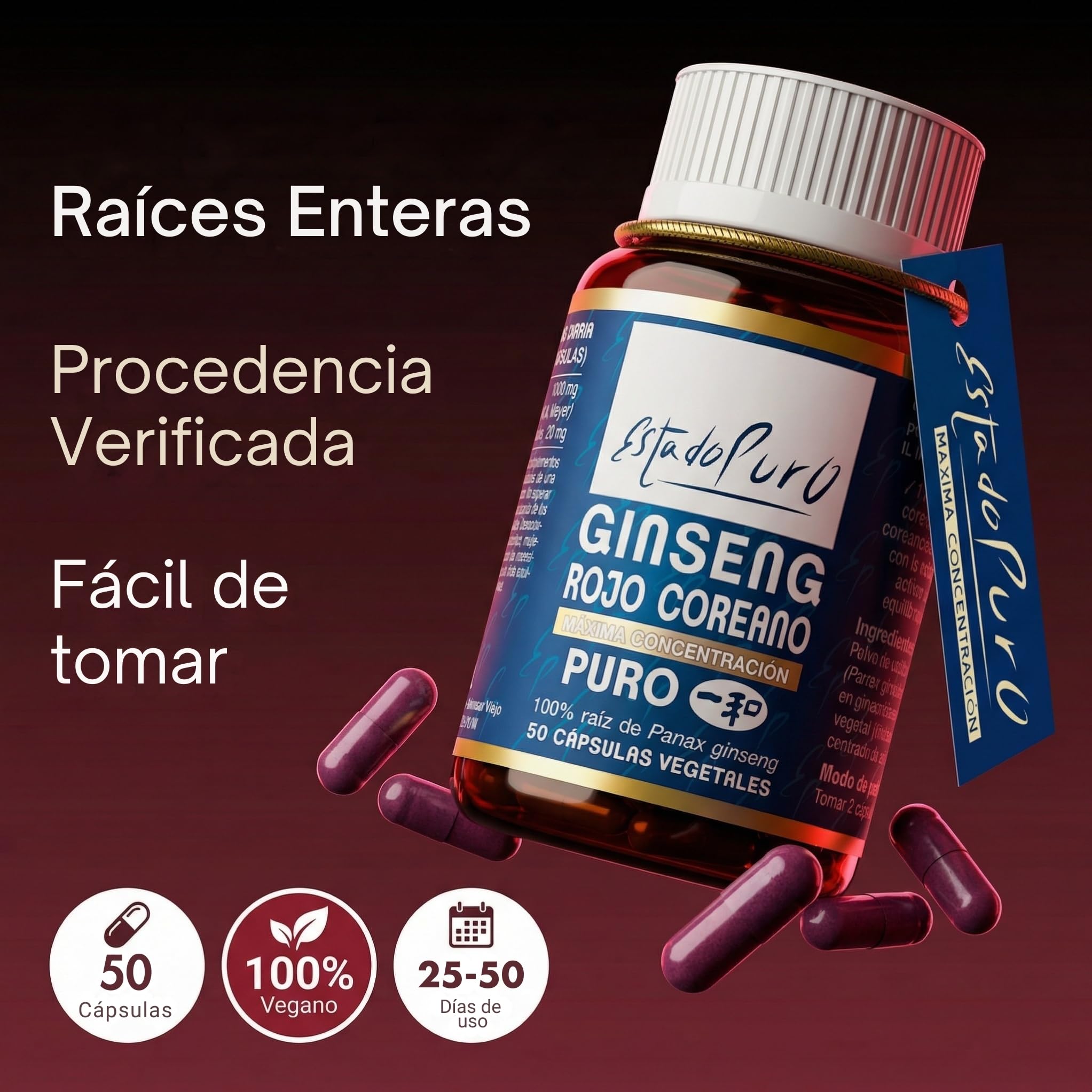 Ginseng Rojo Coreano Puro 1000mg | Panax Ginseng Máxima Concentración en Ginsenósidos | Energía Mental Vitalidad | Adaptógeno Natural | 50 Cápsulas Veganas Estado Puro