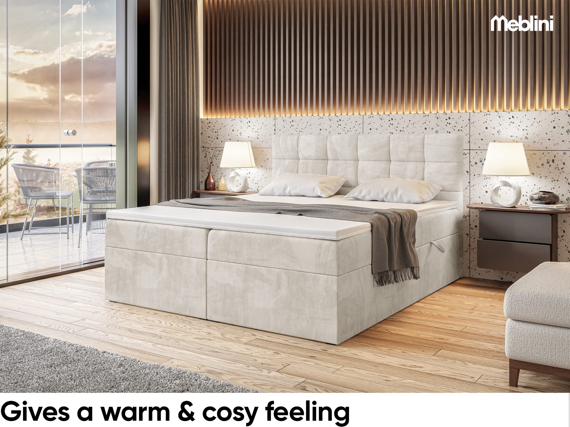 MEBLINI Boxspringbett mit Bettkasten - Gepolstert Doppelbett mit Matratze und Topper - Polsterbett mit Stauraum - Bett mit Kopfteil - Stauraumbett - TAPO 2-120x200 - H3/Creme Samt