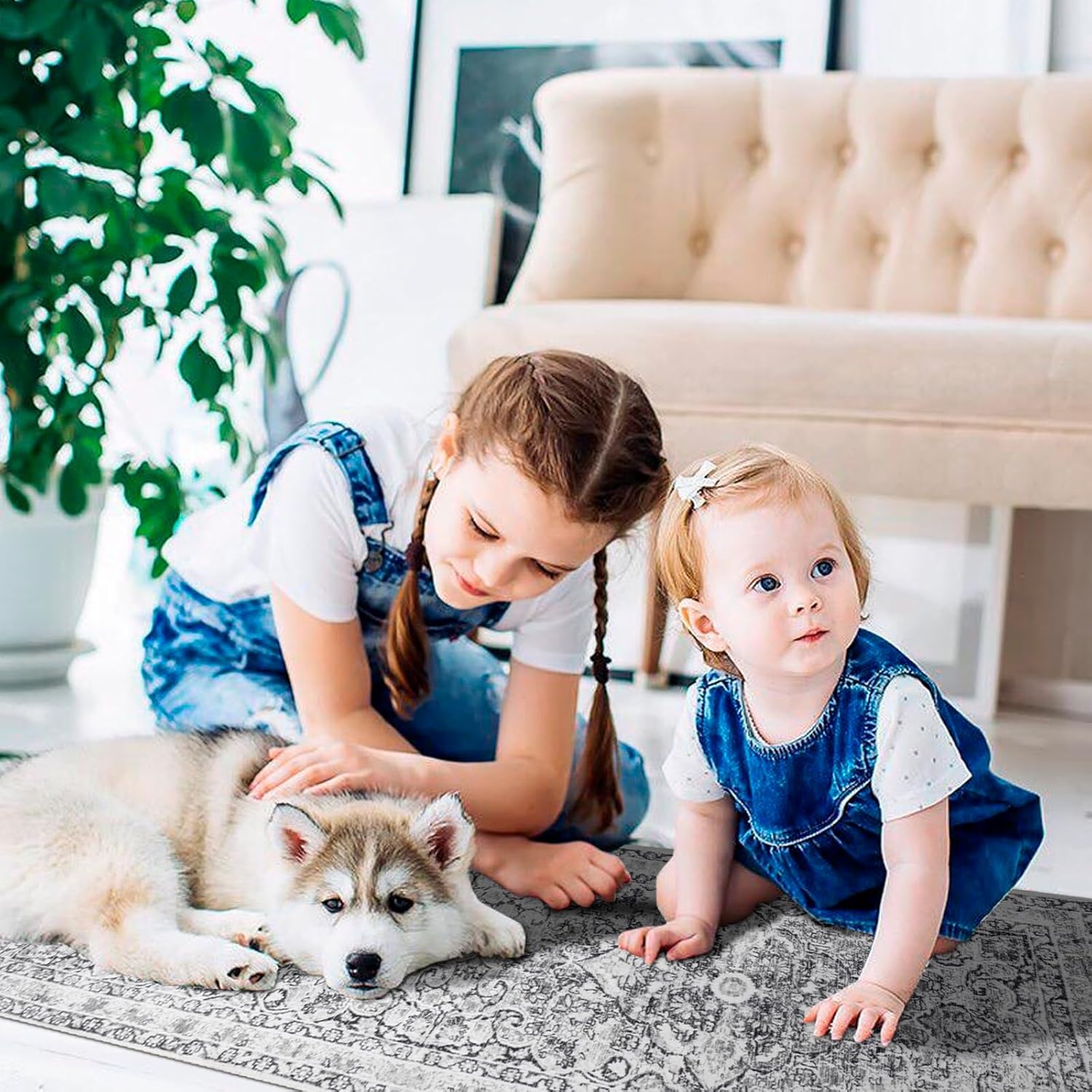 2x6 Hallway Washable Runner Rug : Vintage Soft Kitchen Bathroom Laundry Runner Non Slip Backing Farmhouse Entryway Floor Mat Stain Resistant Carpet for Bedroom Living Room Distressd Beside Rug(Gray)