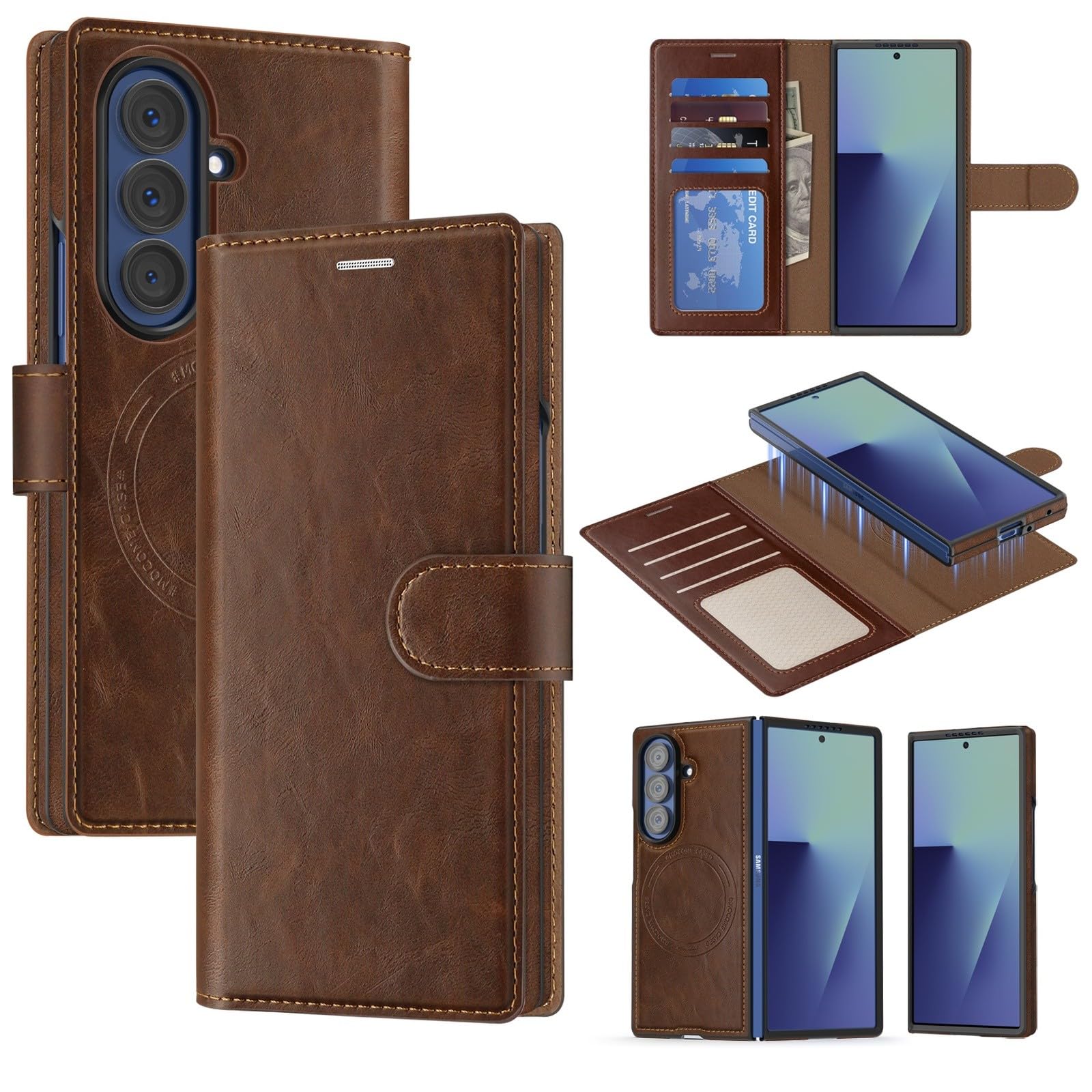 Custodia generica compatibile con Samsung Galaxy Z Fold 5 (colore: caffè) custodia magnetica a portafoglio in pelle rimovibile