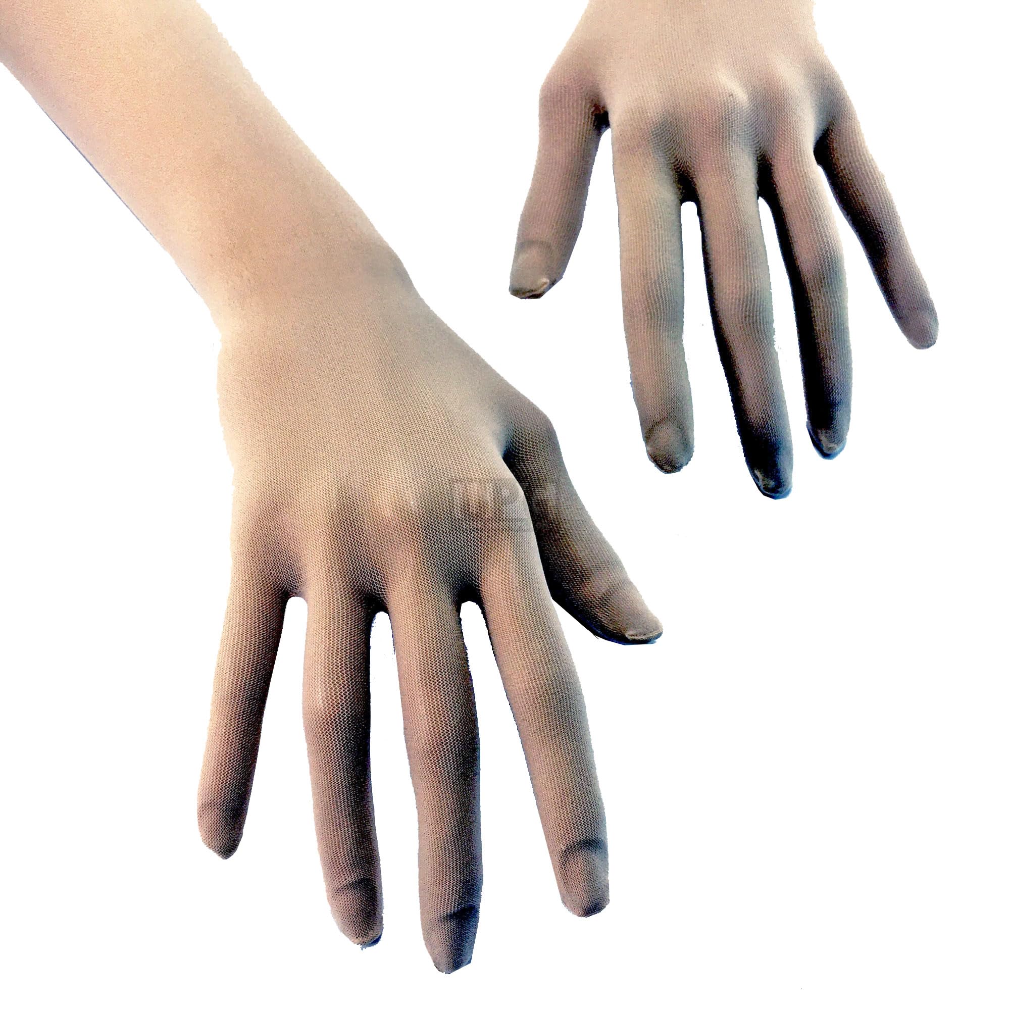 Unicorns Poop Glitter Nude Illusion Second Skin Sheer Seamless Gloves with Elastic Top Seam in Beige, Tan; Over Elbow; Unisex