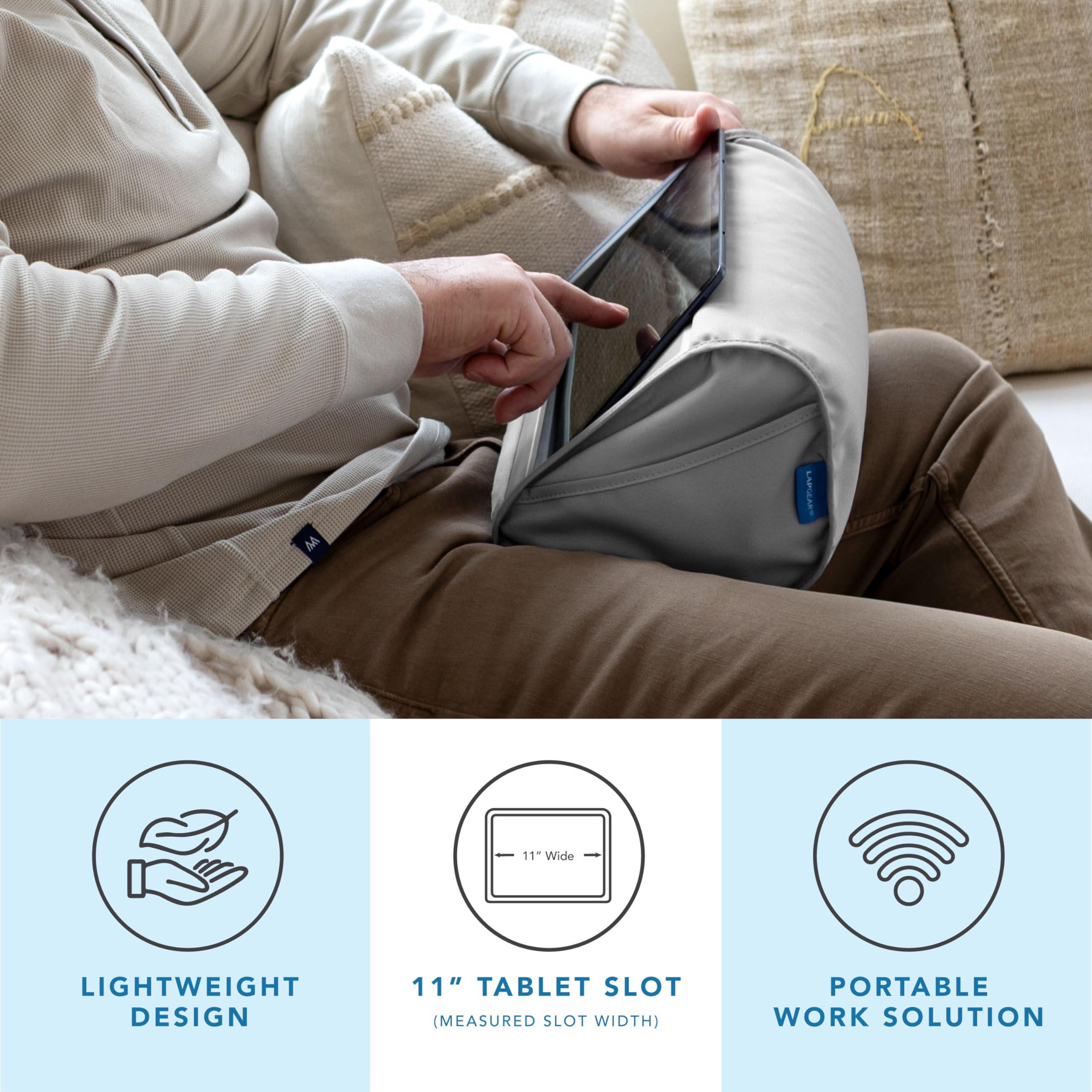 LapGear Supporto per tablet – Slot per iPad, Galaxy Tabs, Kindle, e-reader e telefoni | Supporto imbottito con tasca portaoggetti e maniglia | Grigio - Stile n. 33105