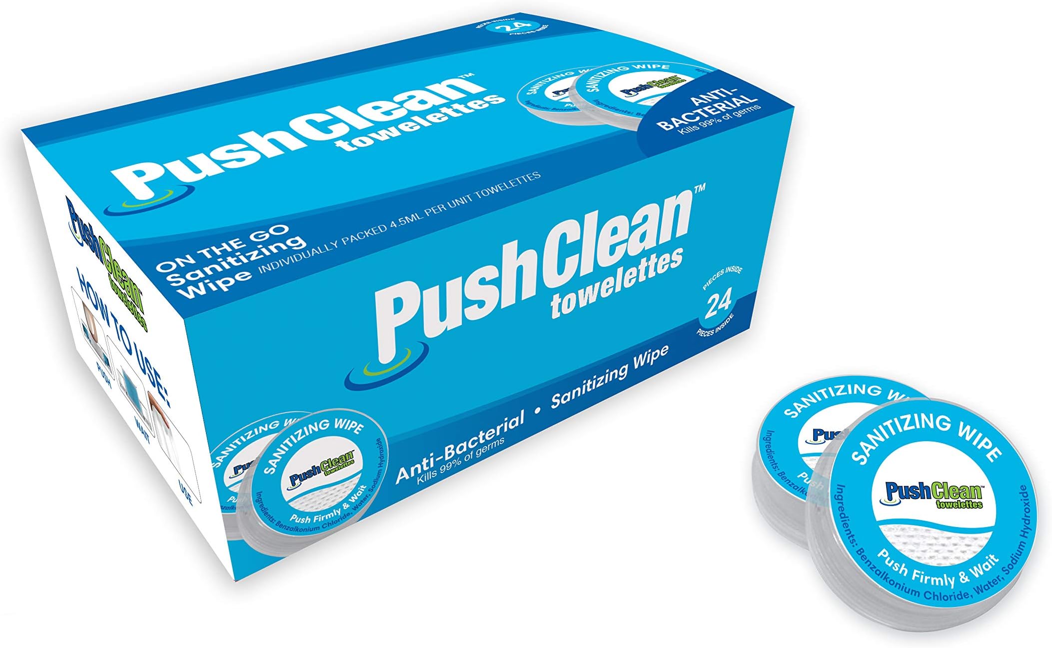 PushClean On the Go Sanitizing Hand Wipes 24 pack - Travel Size On the Go Wet Wipes, Purse Antibacterial wipes, Kills 99.99% of germs, Individually wrapped purse towelettes. Pocket size on the go.