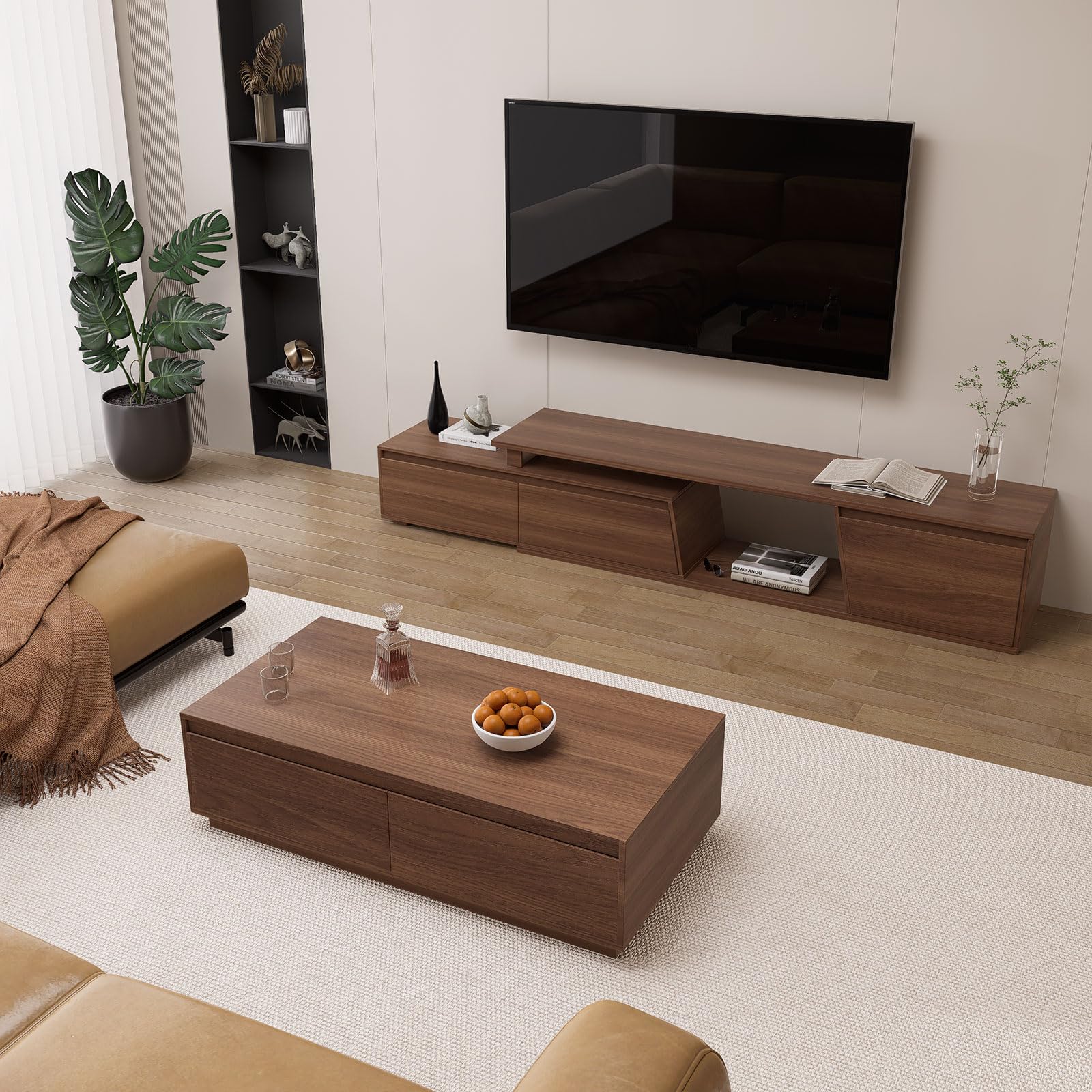 Homary Meuble TV Extensible Bois Noyer 180-280cm Longueur avec 3 Tiroirs Spacieux, MDF Écologique, Rangement Ouvert, Design Moderne pour Salon, Installation à Gauche/Droite