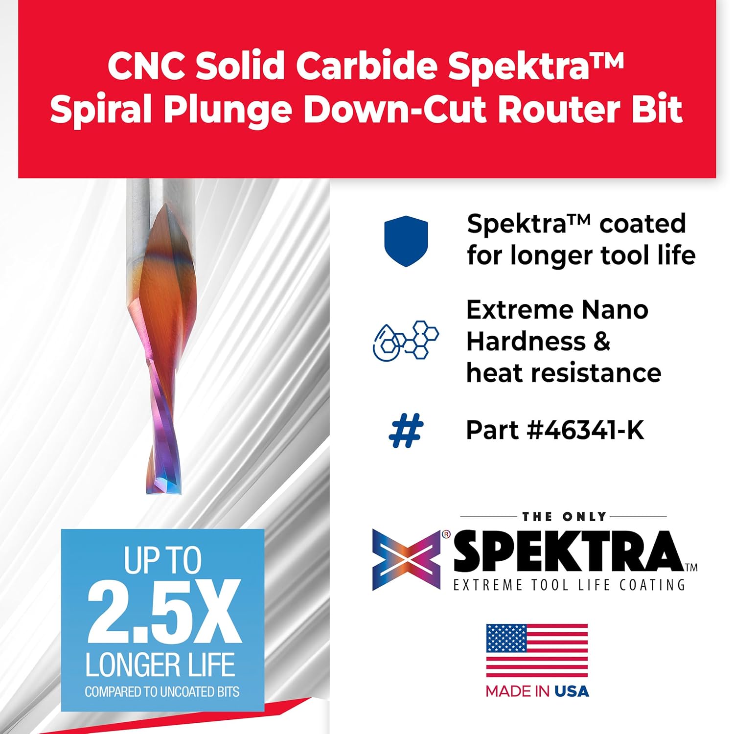 Amana Tool 46341-K Solid Carbide Spektra Extreme Tool Life CNC Down-Cut Spiral Plunge Router Bit for Wood, 1/8 D x 1/2 CH x 1/4 SHK x 2 Inch Long