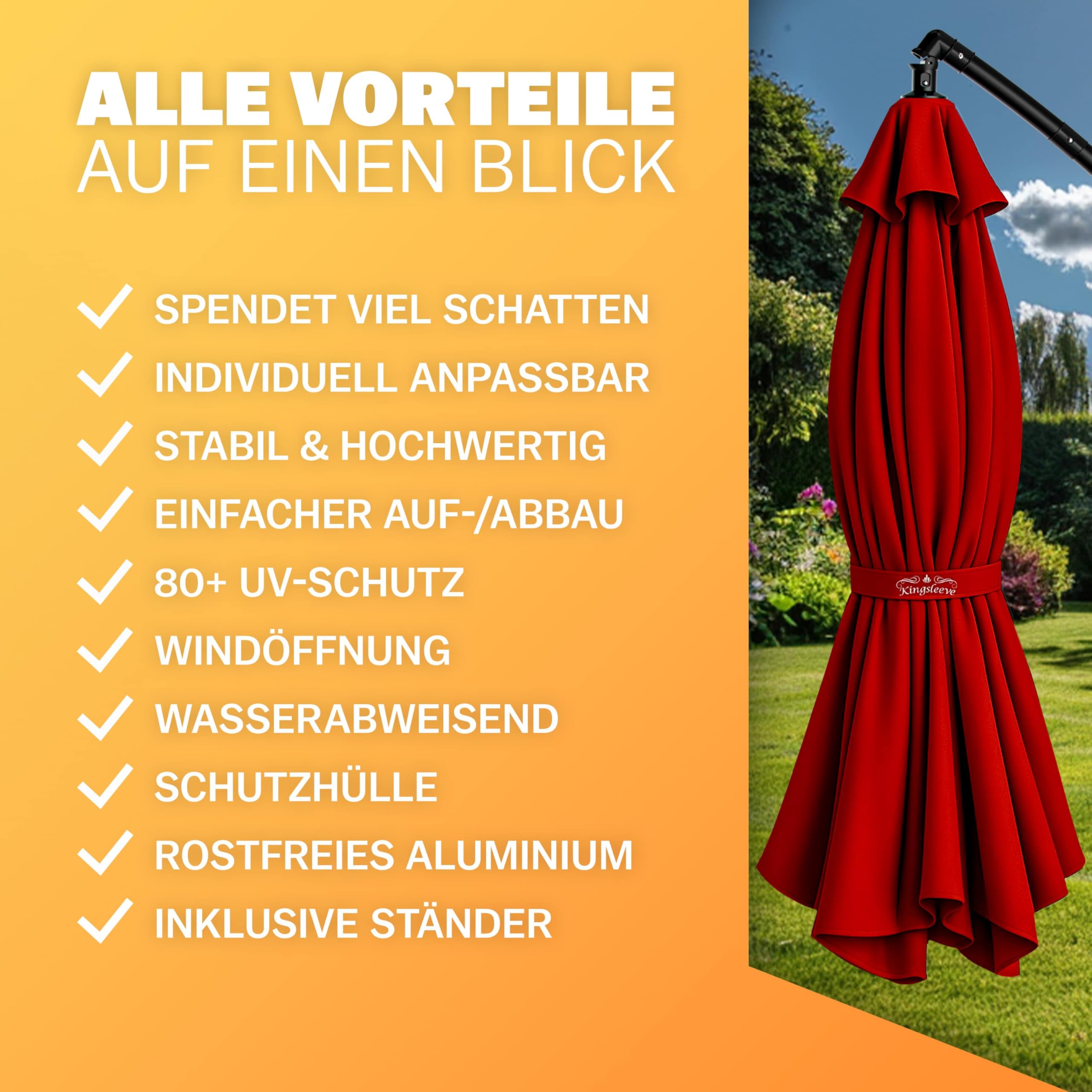 Kingsleeve® Sonnenschirm UV Schutz 80+ Ø 300 cm Groß mit Ständer Schutzhülle Windsicherung Windfest Neigbar Rund Kurbel Garten Balkon Ampelschirm Rot