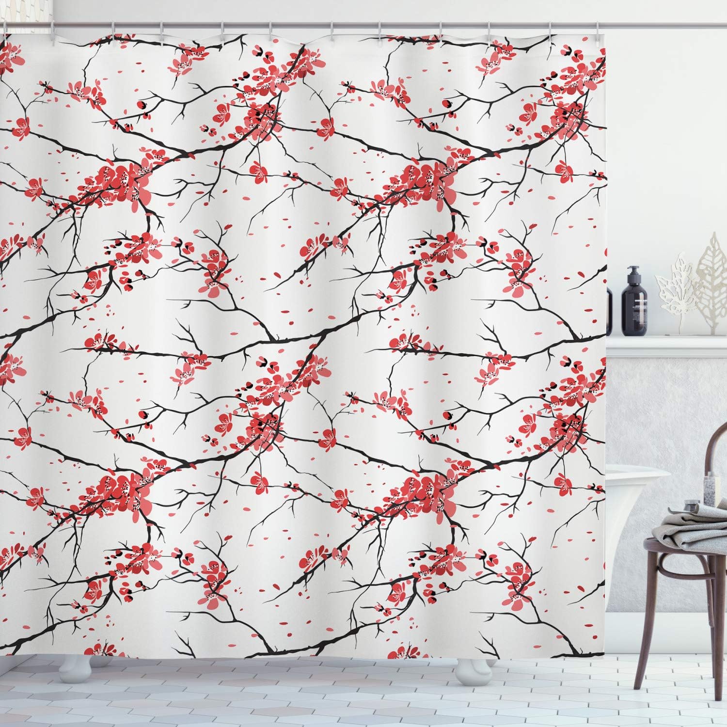 Ambesonne Nature Shower Curtain, Illustration of Sakura Branches Windy April Weather in Japanese Painting Style Art, Cloth Fabric Bathroom Decor Set with Hooks, 69" W x 84" L, Coral Black
