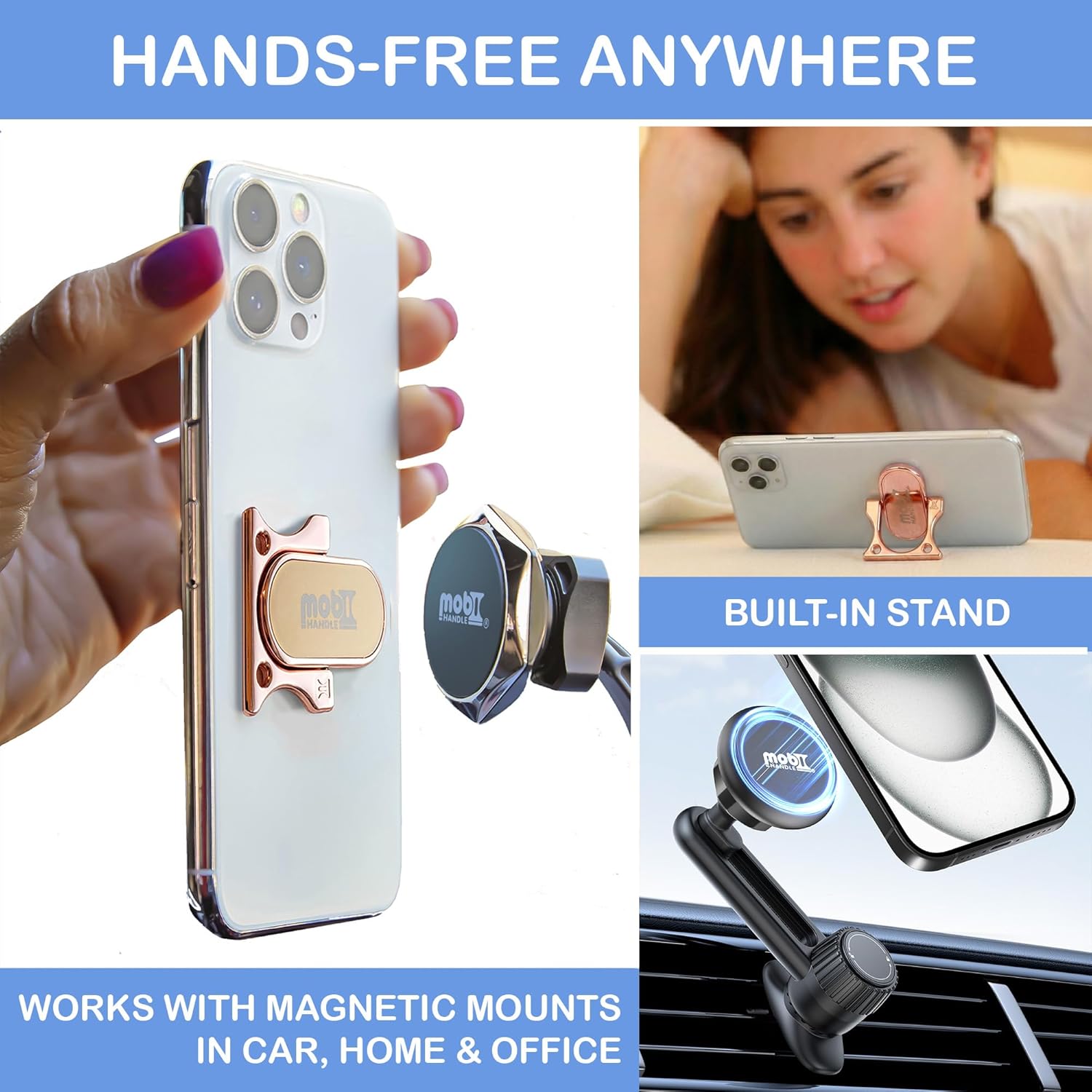 Patented 3-Finger Phone Grip & Stand - Comfortable & Secure Loop Holder for iPhone & Android - Ultra-Slim Zinc Alloy - Magnetic Mount Ready - Cell Phone Ring Alternative [Rose Gold]