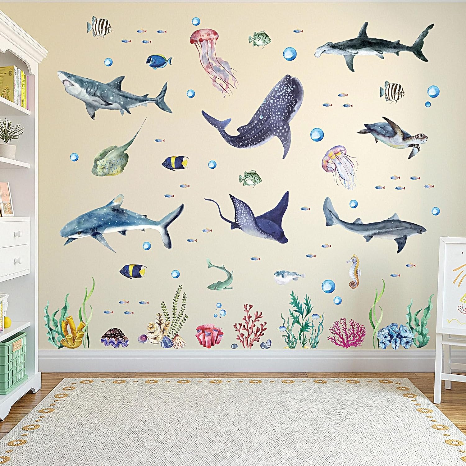 3 Pieces Watercolor Sharks Wall Decals Ocean Animal Peel and Stick Wall Sticker Under The Sea Marine Life Theme Decals Nursery Room Home Decor Party Supply, 11.8 x 35.4 Inches