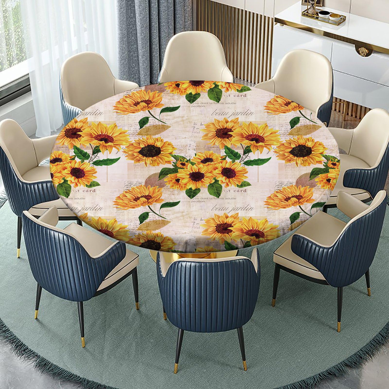 igoga sports Fitted Tablecloth Round with Elastic, Spring Edge Table Cover Pad for Outdoor Picnic Party or Indoor Kitchen Patio Dining Table Decor Fits Tables Up to 56'' Diameter, V-sunflower
